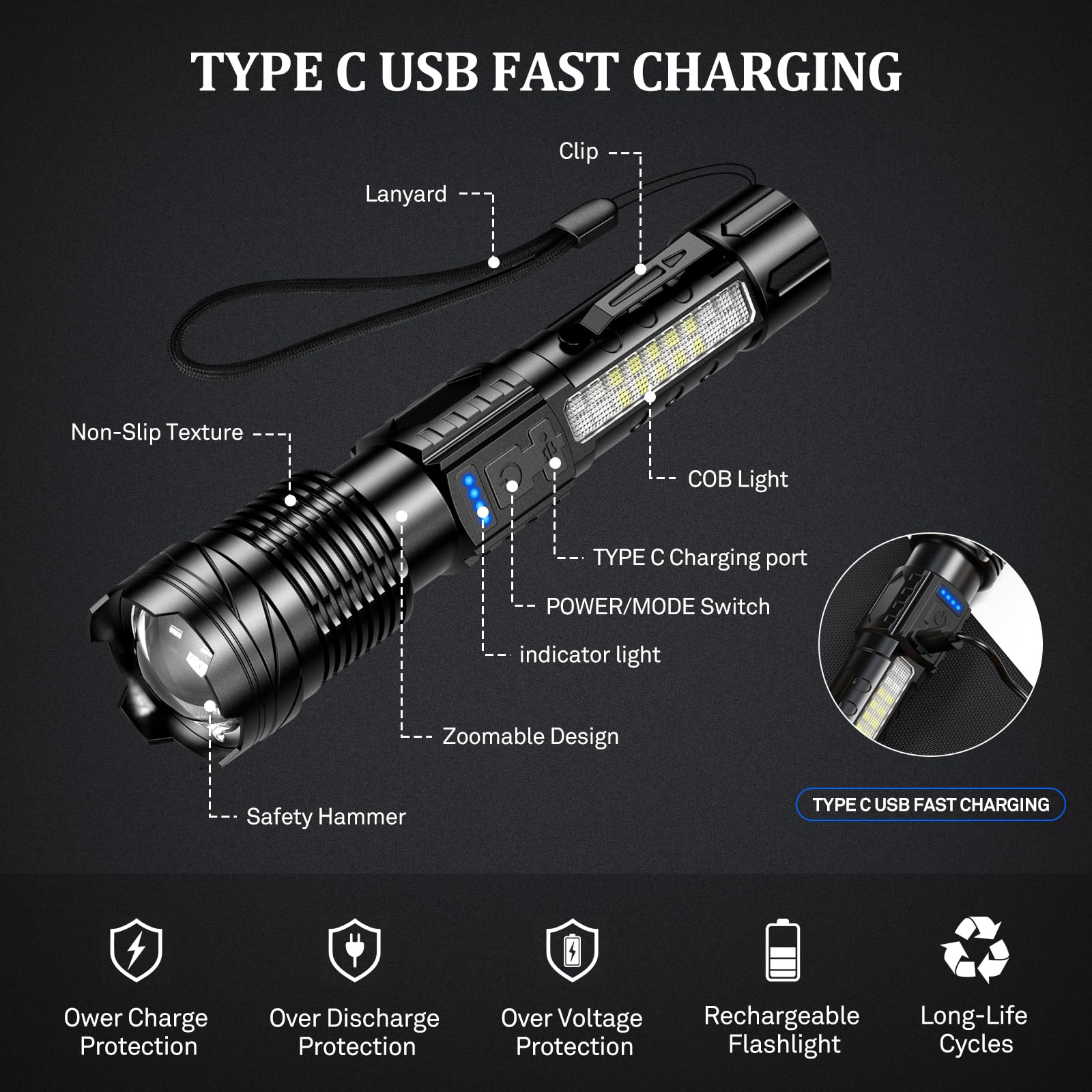 Earrck Rechargeable LED Flashlight - 7 Modes, Waterproof, High Lumens, Zoomable, Black, Model A76