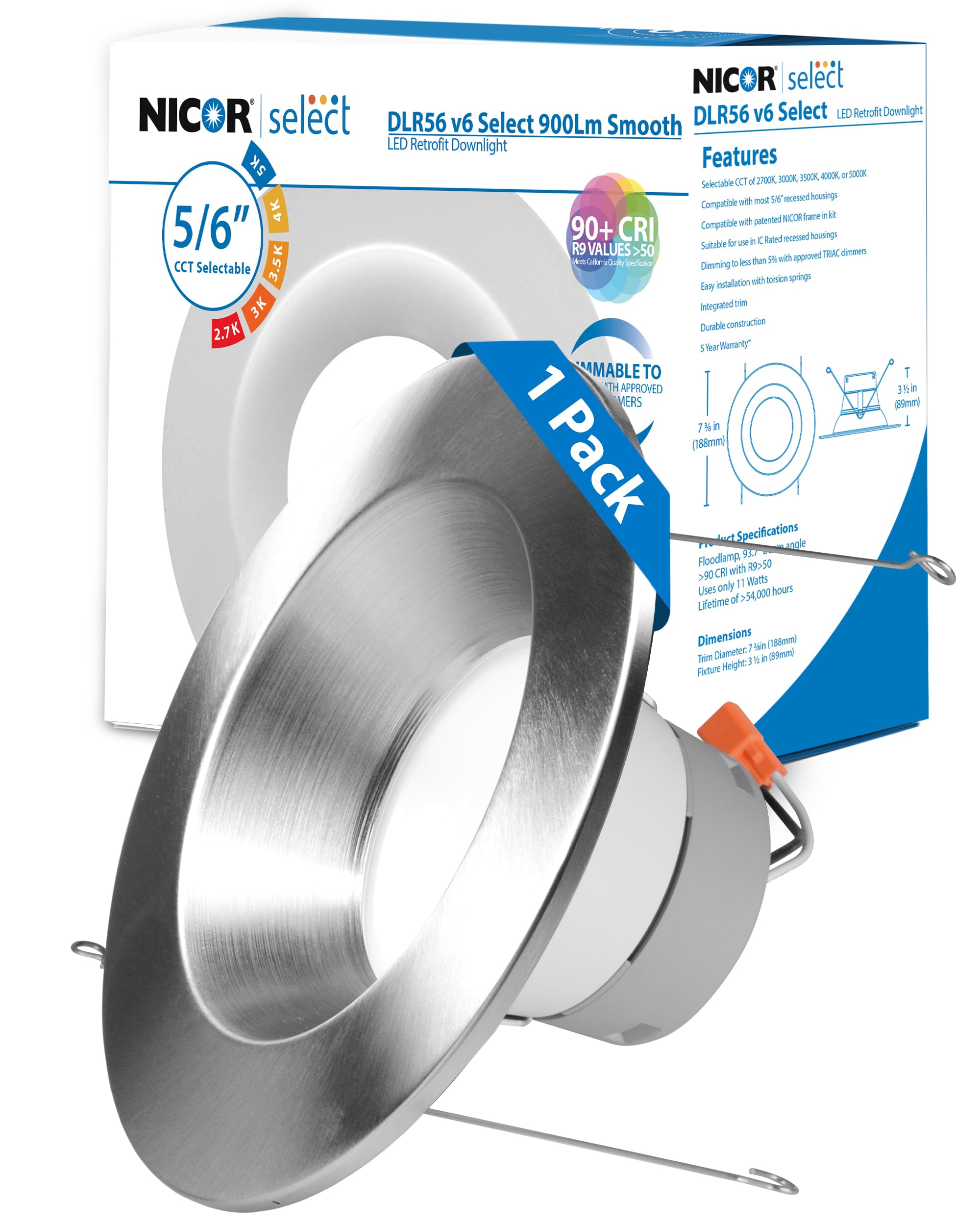 Nicor Lighting Recessed Ceiling Lights Led Downlight - 5/6 Inch Led Recessed Light Fixtures - Selectable Cct 2700K-5000K, 918 Lumens, 10.3W - Dlr56 Led Retrofit Ceiling Light, Nickel, 1-Pk
