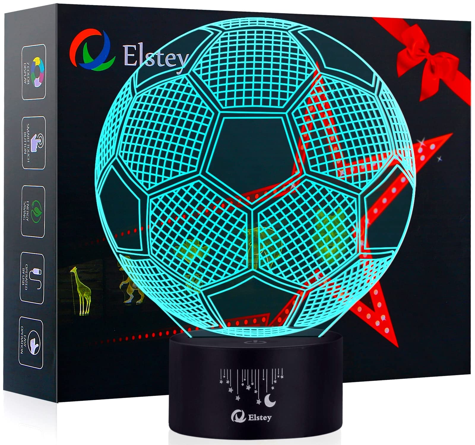 Elstey 3D Soccer LED Night Light, 7 Color Changing, Acrylic & ABS, USB Charger, Model 1CFVW331