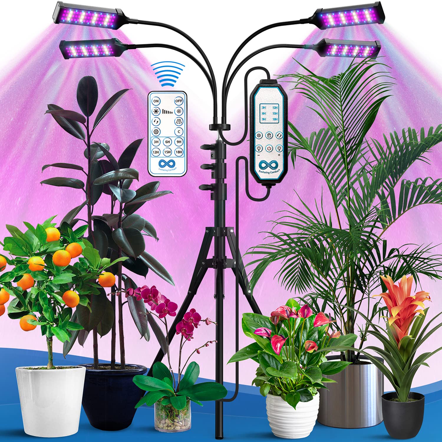 Everlasting Comfort Grow Lights for Indoor Plants - Full Spectrum LED, 62" Adjustable Tripod, Blue/Red, 3-18 Hour Timer, 4 Lamps