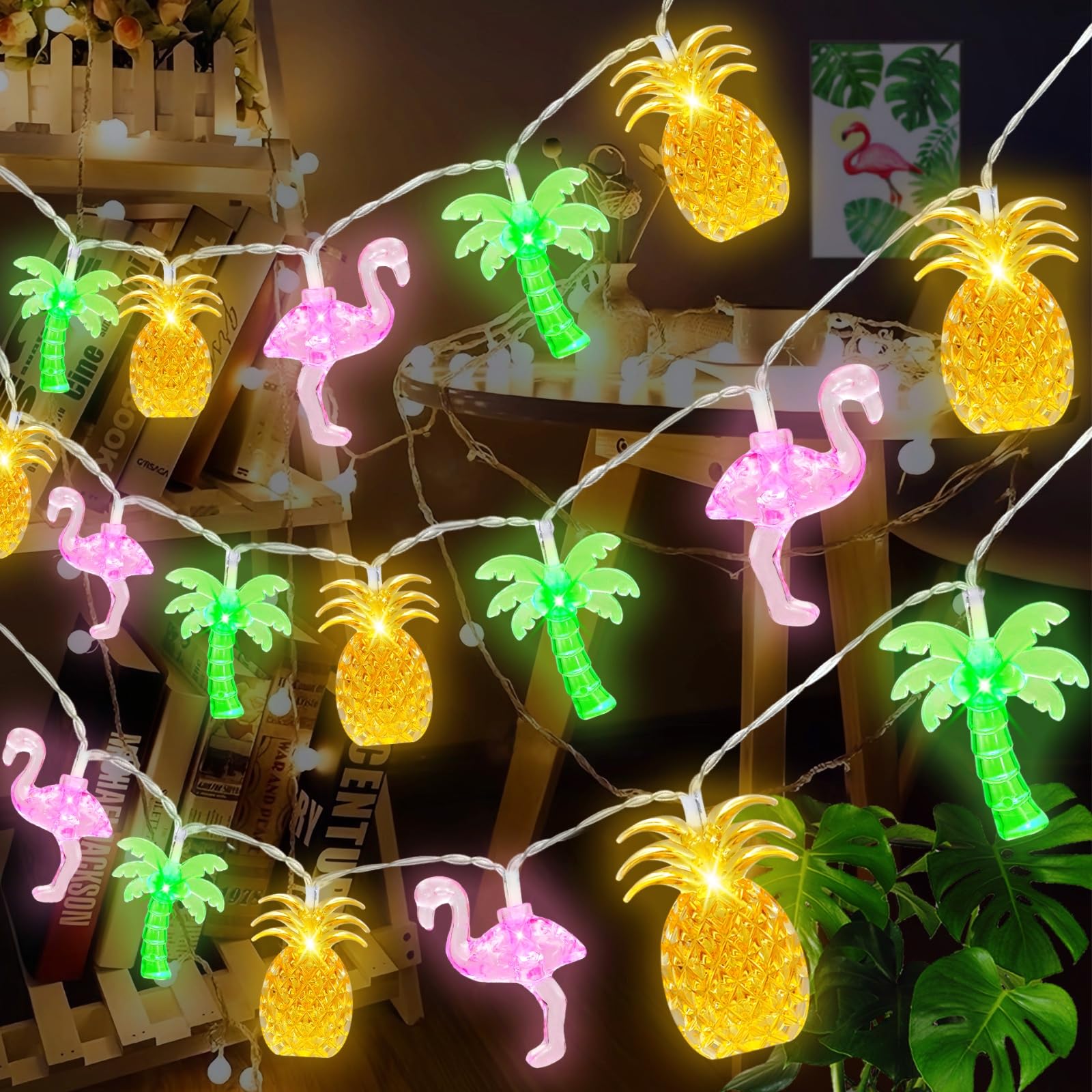 Couah 30 LED 16Ft Summer Beach Hawaiian String Lights - 8 Modes & Timer - Flamingo Pineapple Palm Tree Fairy Lights - Battery Op