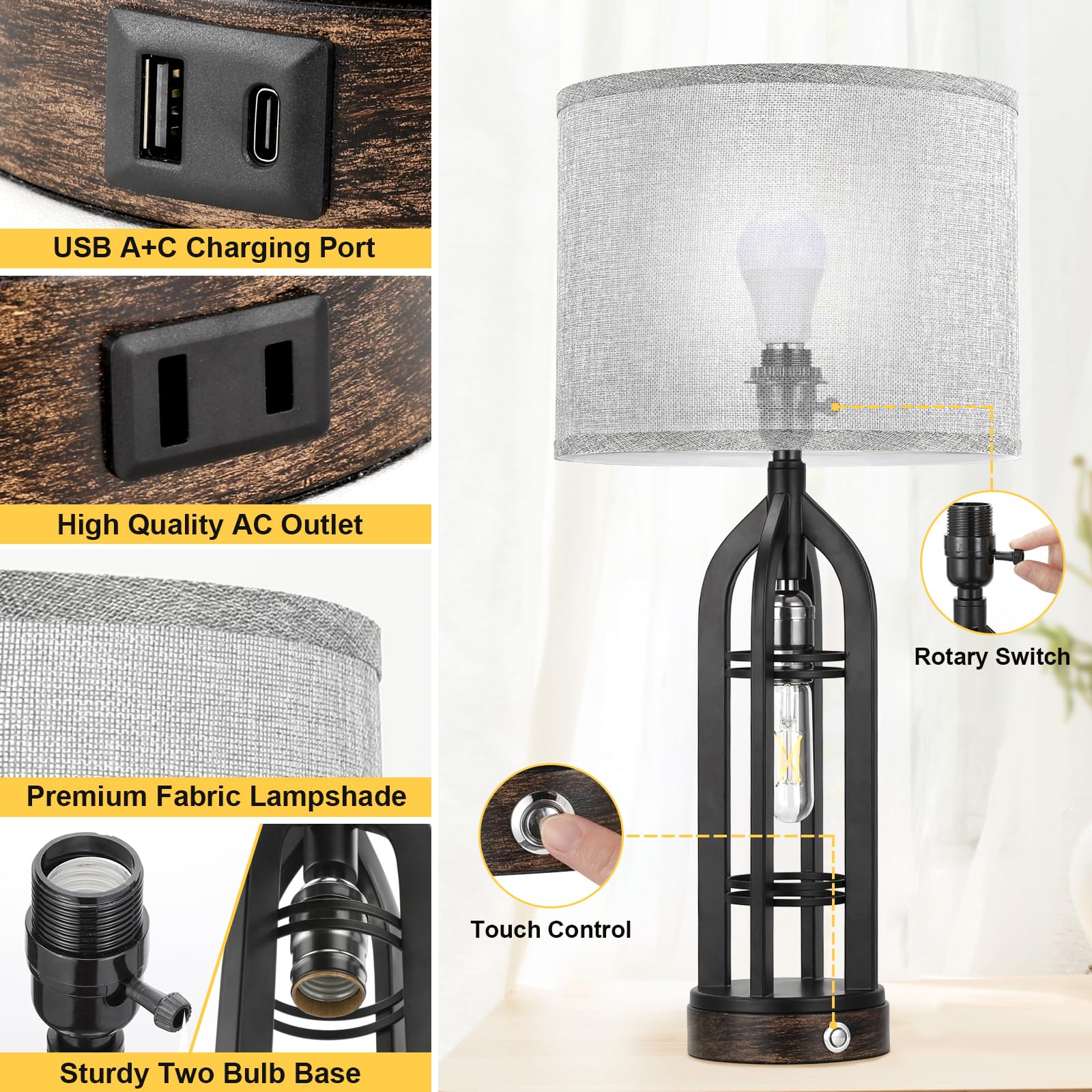 Seealle Table Lamp Set of 2 - 3-Way Dimmable Touch Lamps with USB C+A, C. Grey Shade & Black Body, Model 09163 for Living Room & Bedroom