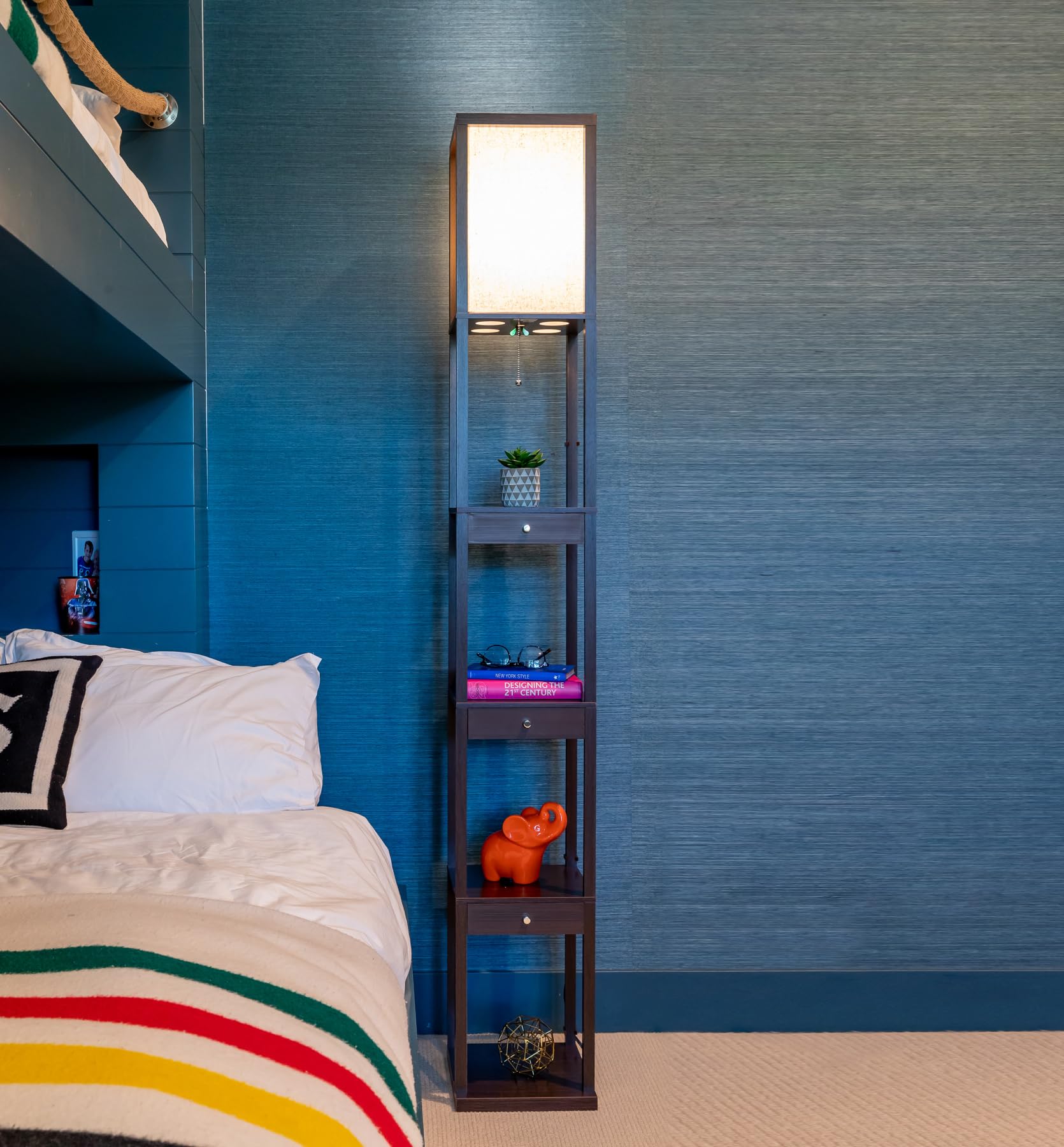 Brightech Maxwell Drawer Edition - Modern Shelf Floor Lamp With Drawer - Corner Display Floor Lamps With Shelves For Living Room