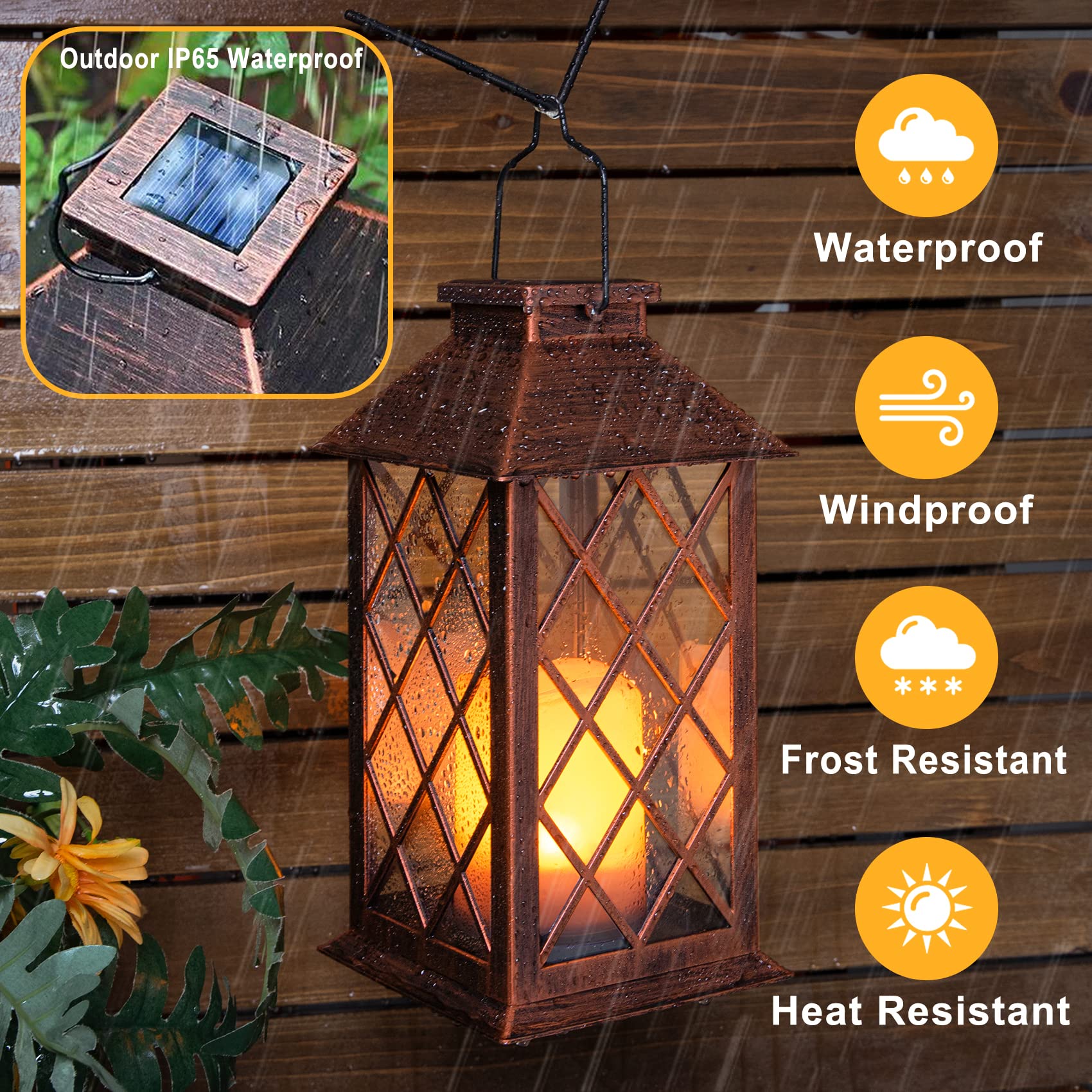 [2 Pack] Take Me 14'' Solar Lantern Outdoor Garden Hanging Lantern Waterproof Led Flickering Flameless Candle Mission Lights For