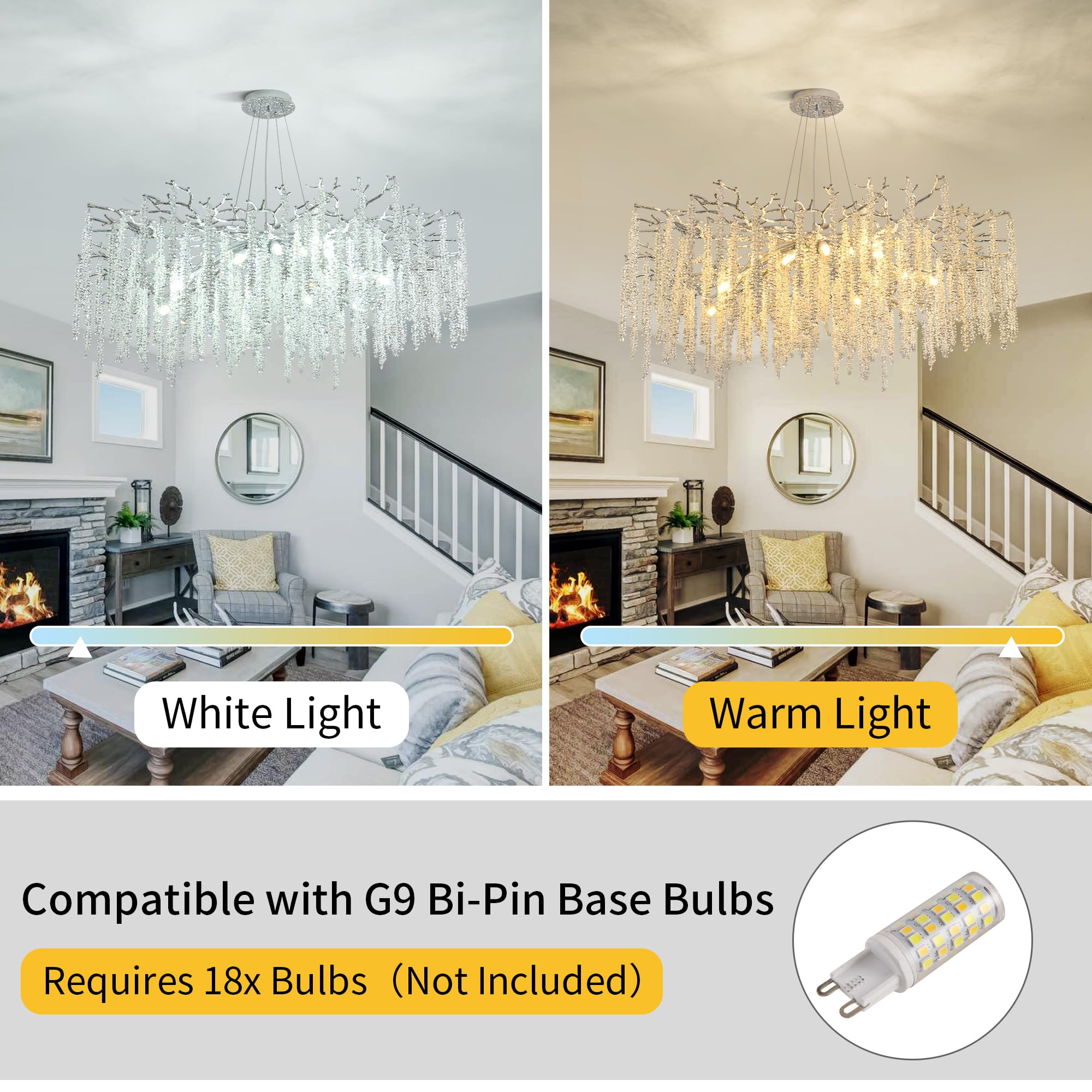 Upfelw Modern Crystal Tree Branch Chandeliers Chrome D47'', Round Art Deco Raindrop Lighting Fixture For Dining Room Living Room