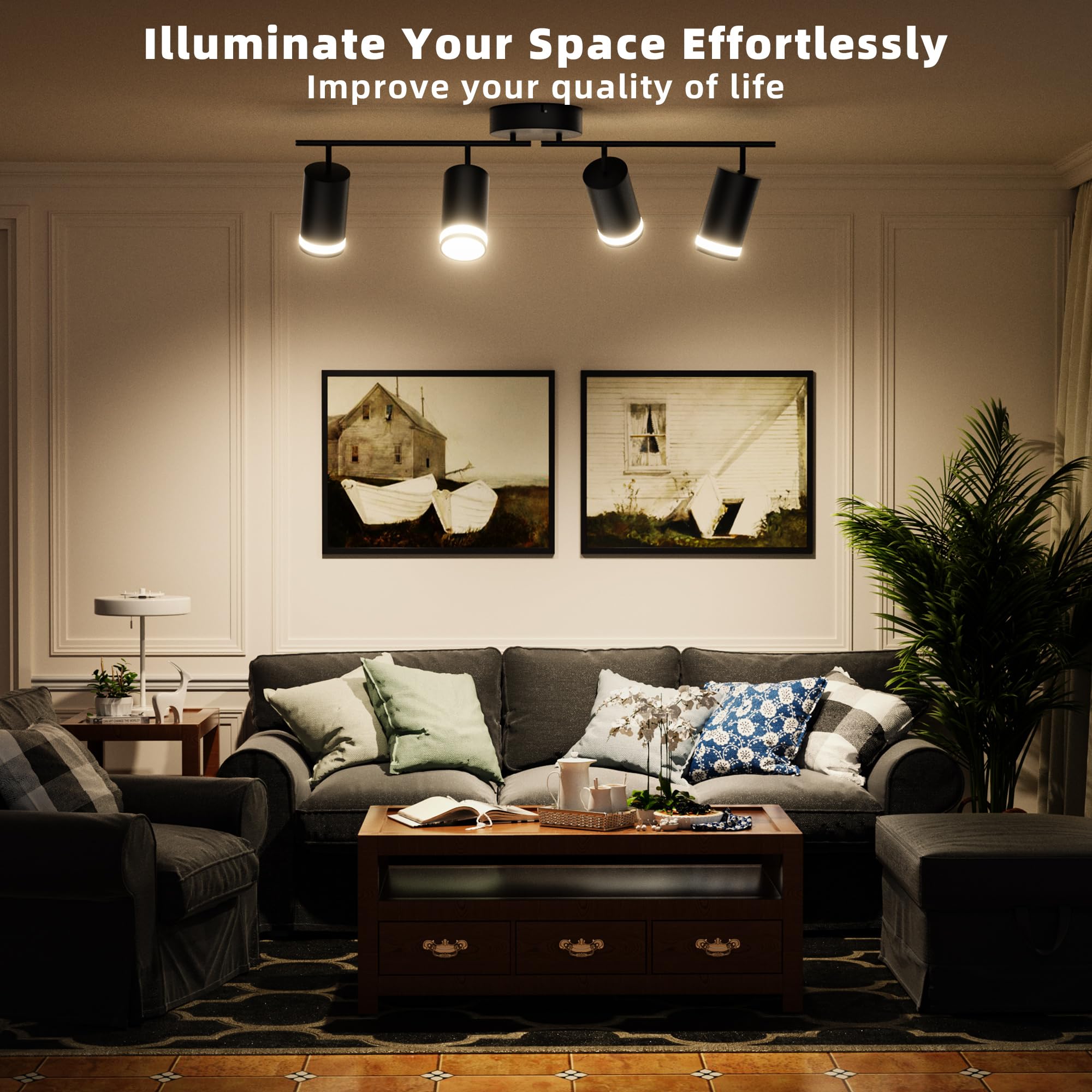 Ketom 4-Light Track Lighting Fixtures, GU10 Black LED Ceiling Spotlight, Modern Design for Kitchen, Bedroom, Living Room