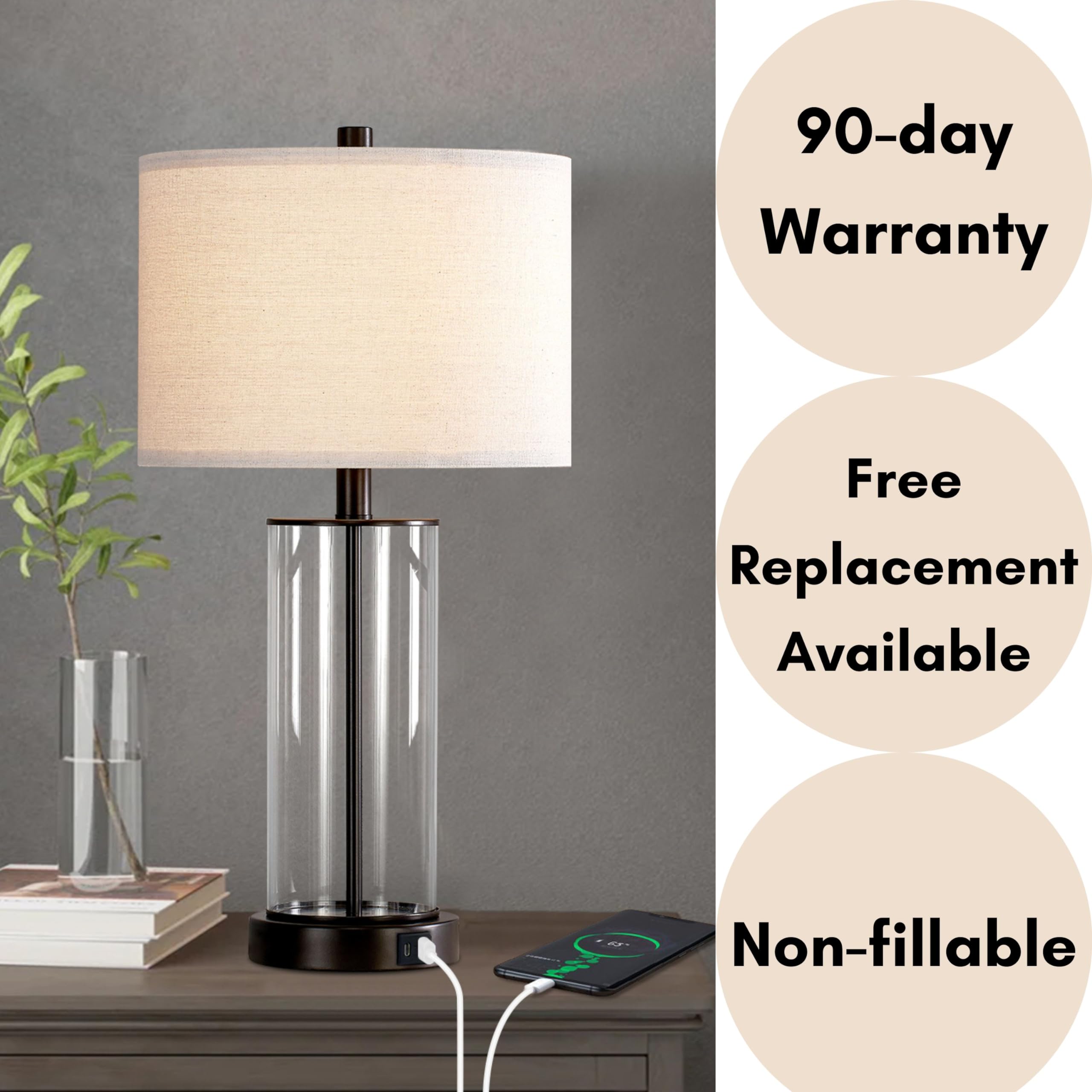 Kyrid Glass Table Lamp Set of 2, 23.5" with USB Ports & AC Outlets, Painted Bronze Finish, Bulbs Included, Model HK21193