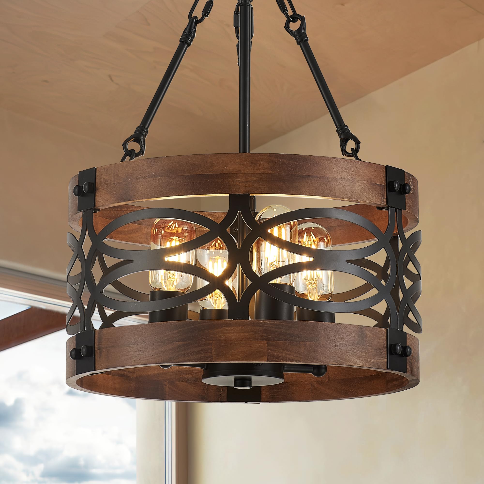 Faibra 4-Light Farmhouse Drum Wood Pendant Light 13.8'' Vintage Rustic Brown Oak Wood Chandeliers,Retro Industrial Hanging Light