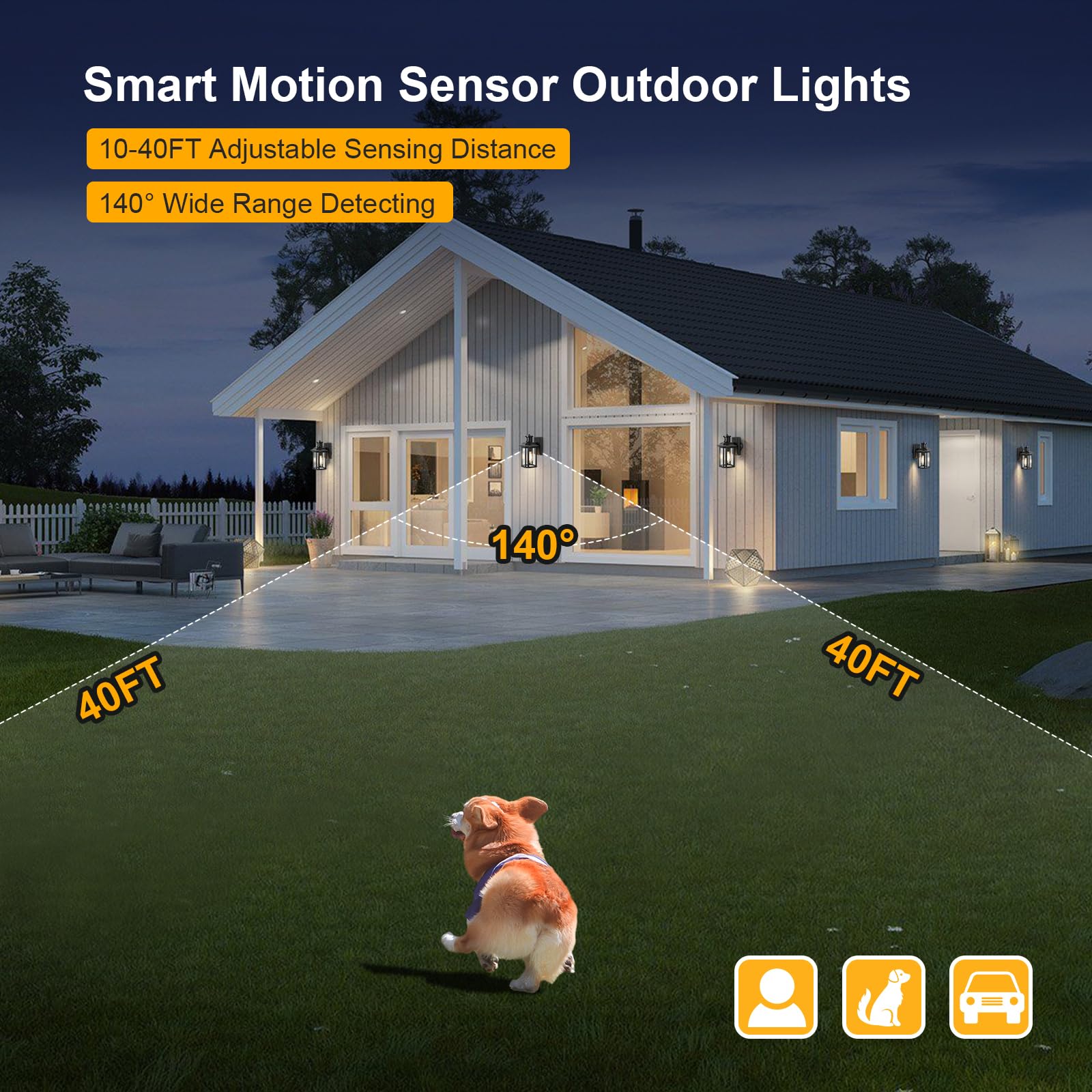 Treewell 2 Pack Motion Sensor Outdoor Wall Lights, Waterproof Black Porch Lights, 3 Adjustable Modes, ETL Listed