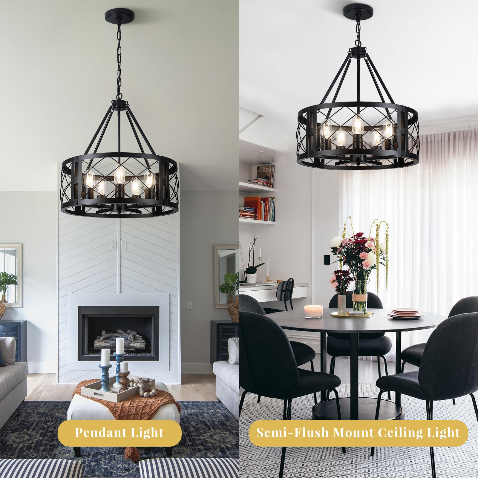 CWarmozy 5-Light Farmhouse Chandelier, 19.8" Black Rustic Pendant Light for Dining Room, Kitchen Island, Entryway, Bedroom, Hallway