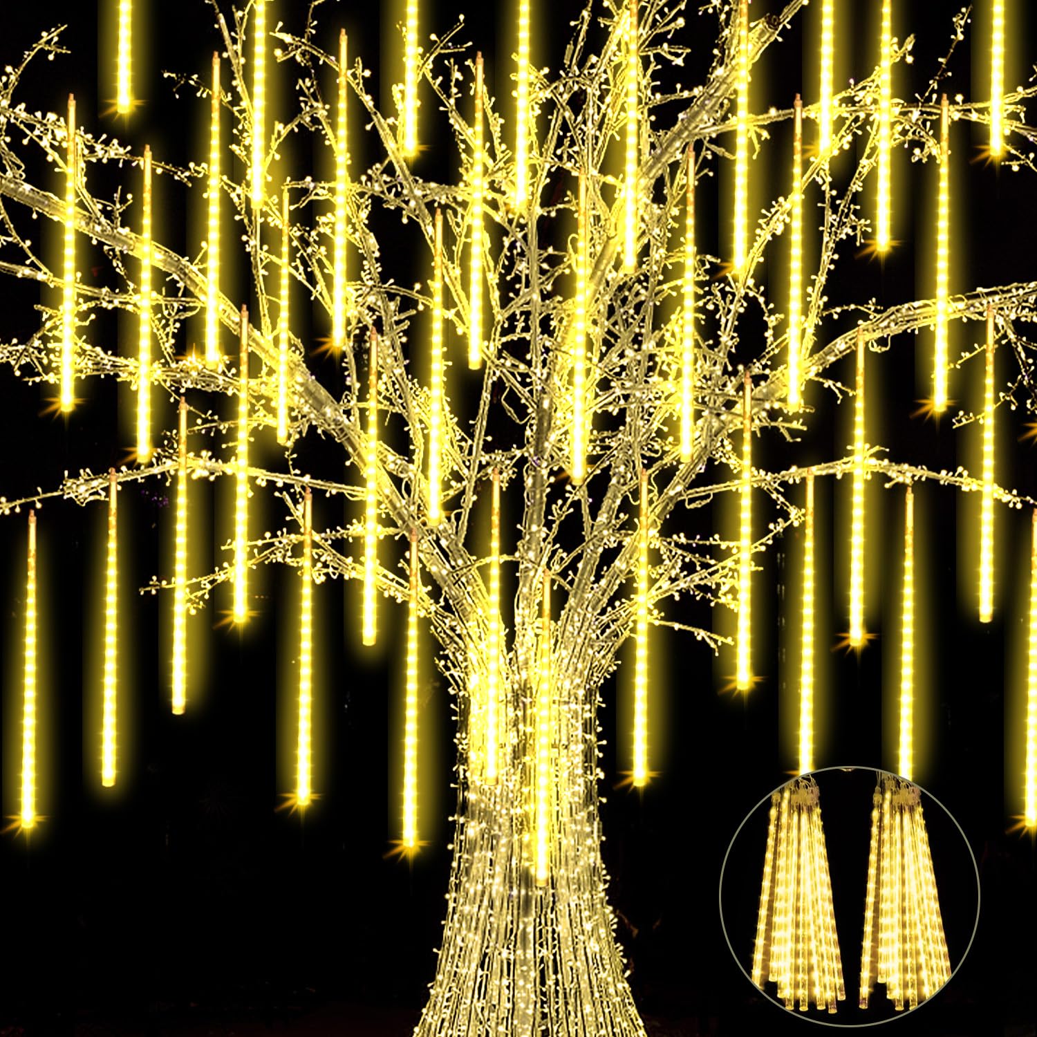Jjgoo ?4 Pack? Christmas Lights Meteor Shower Rain Lights 20Inch  Totally 40 Tube 1440 Leds Icicle Light Outdoor Raindrop Light For Xmas Halloween Wedding Party Tree Holiday Decoration  Warm White