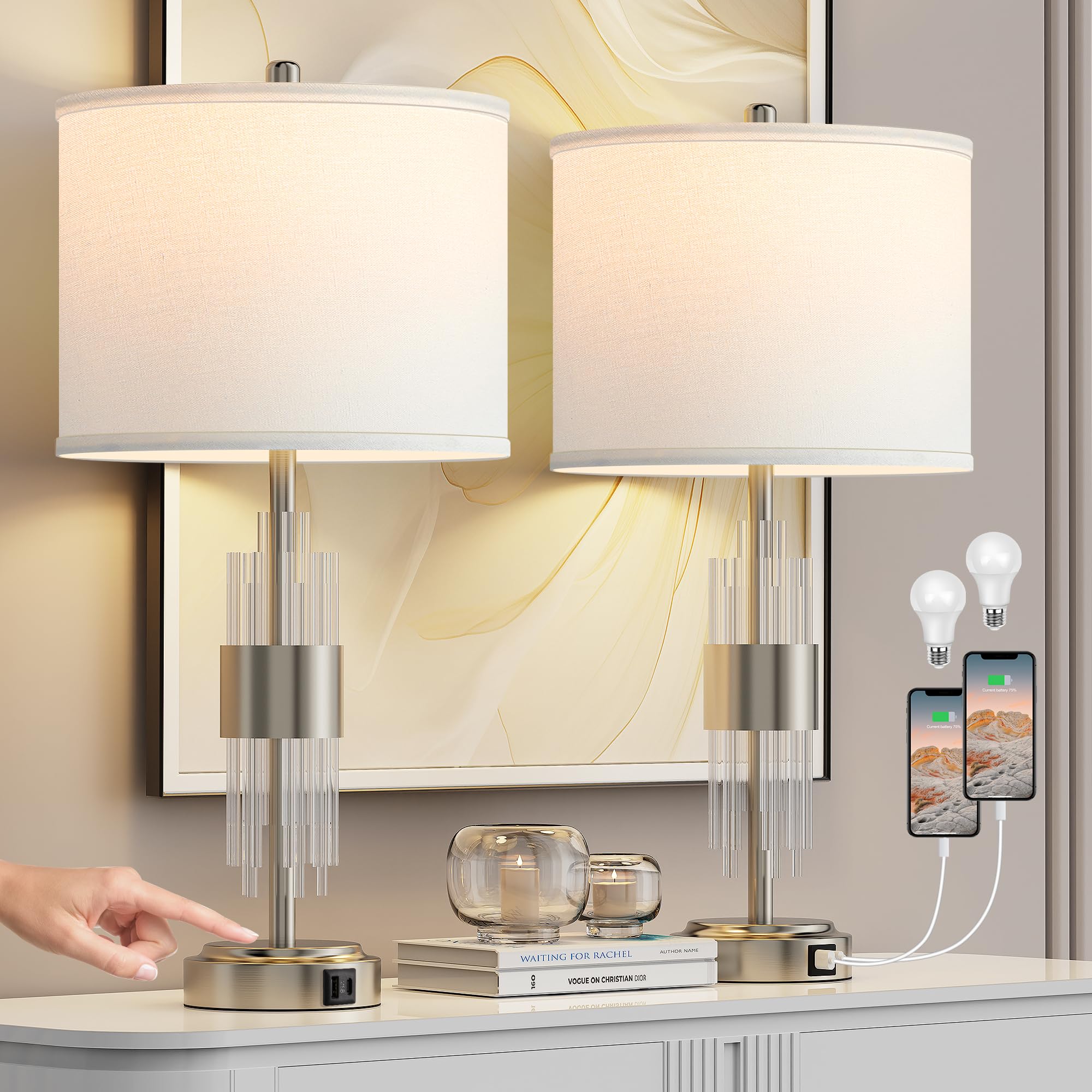 QiMH Table Lamp for Living Room,Bedside Lamp for Bedrooms Set of 2 with USB A+C Ports,3-Way Dimmable Touch Control,Modern Nights