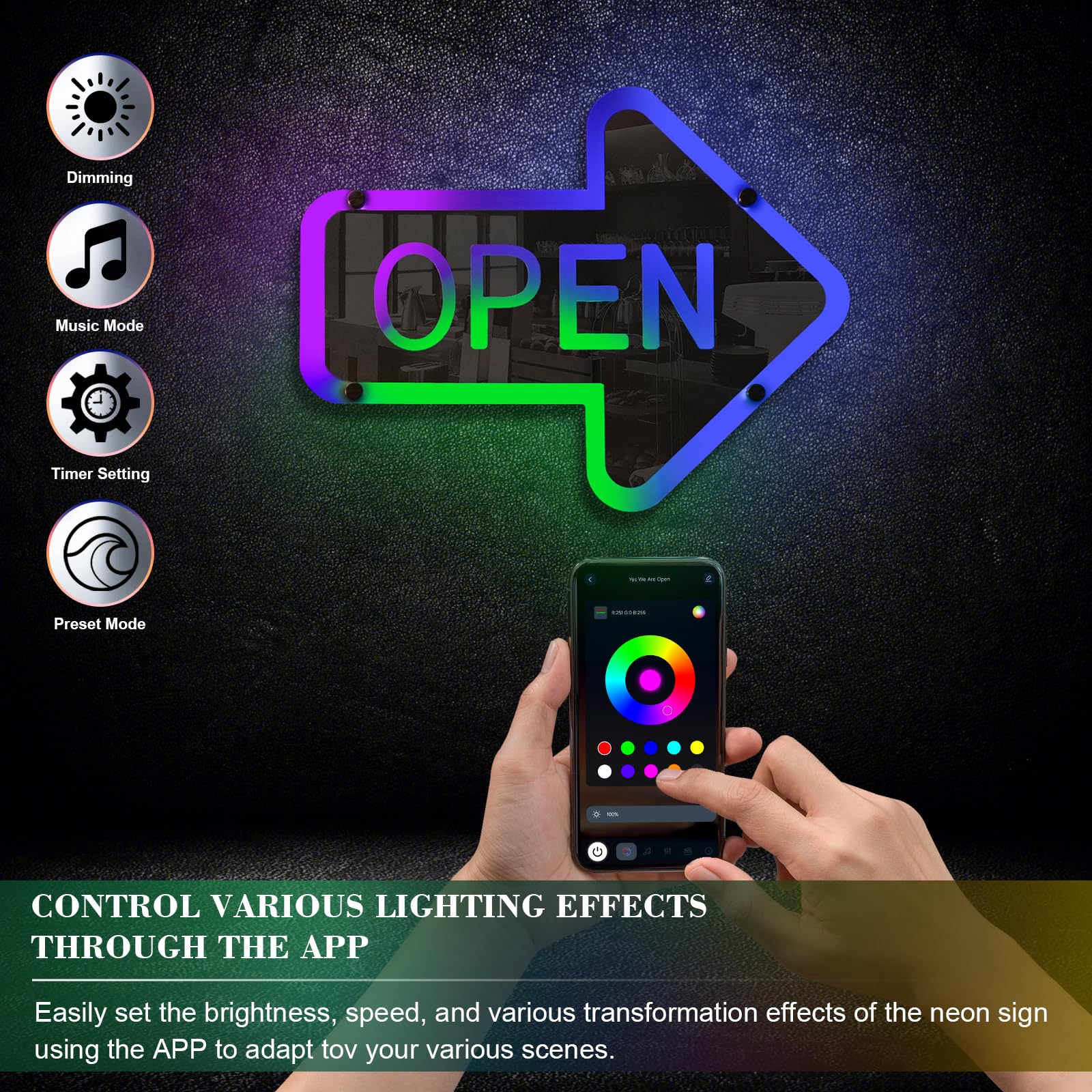 ineonlife Open Neon Sign LED Arrow Light for Business Decor 14.57 x 11.42 inches Mirrored Colorful