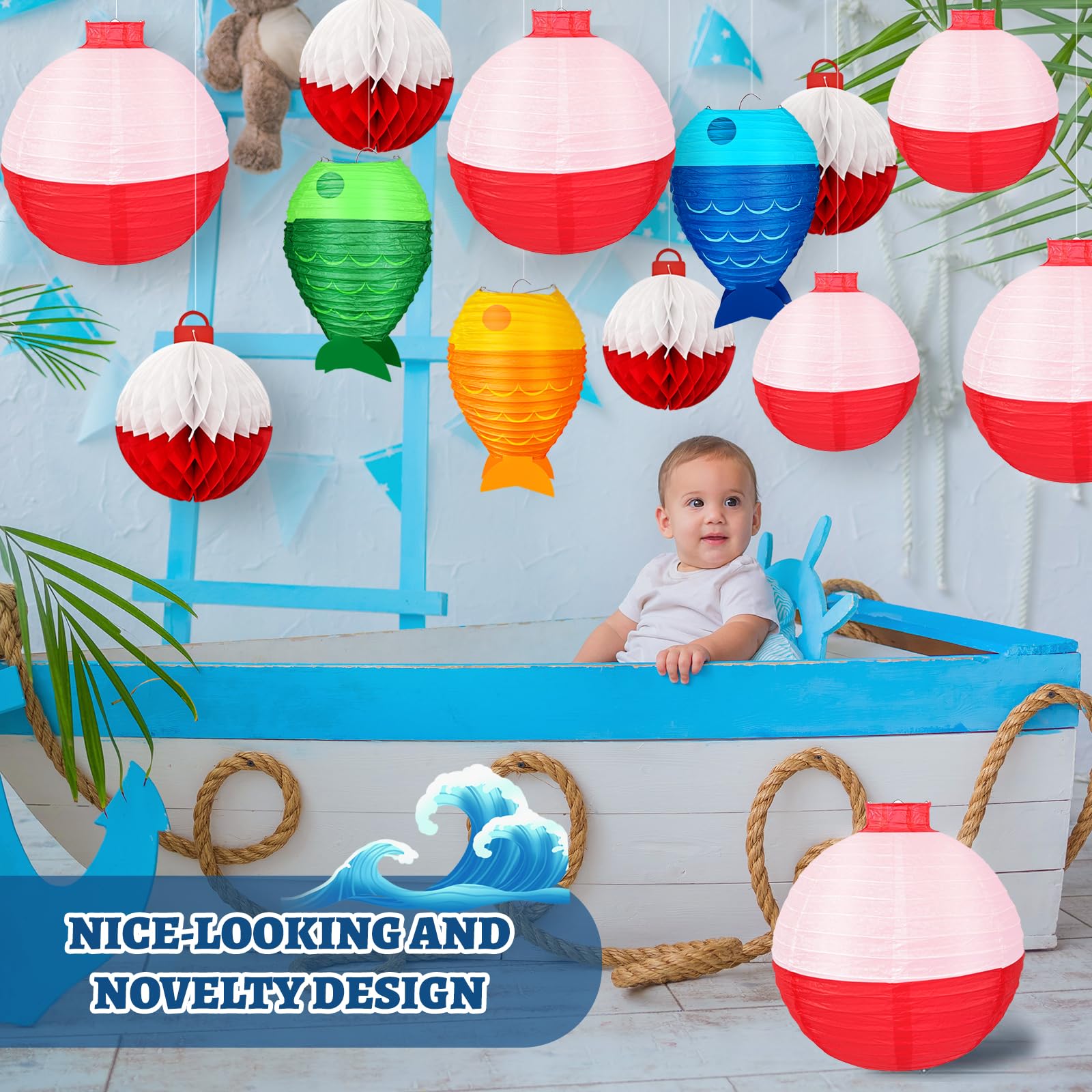 13Pcs Fishing Bobber Paper Lanterns Hanging Fish Shaped Lanterns Honeycomb Ball Decorations Red And White Paper Lanterns For Fis