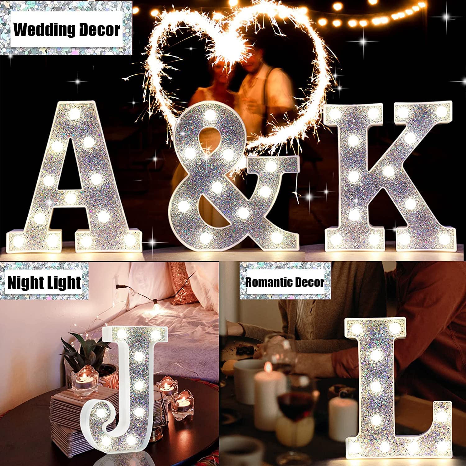 Pooqla LED Marquee Letter Lights, Battery Powered Silver Glitter E Sign, Plastic, Night Light for Parties and Home Decoration