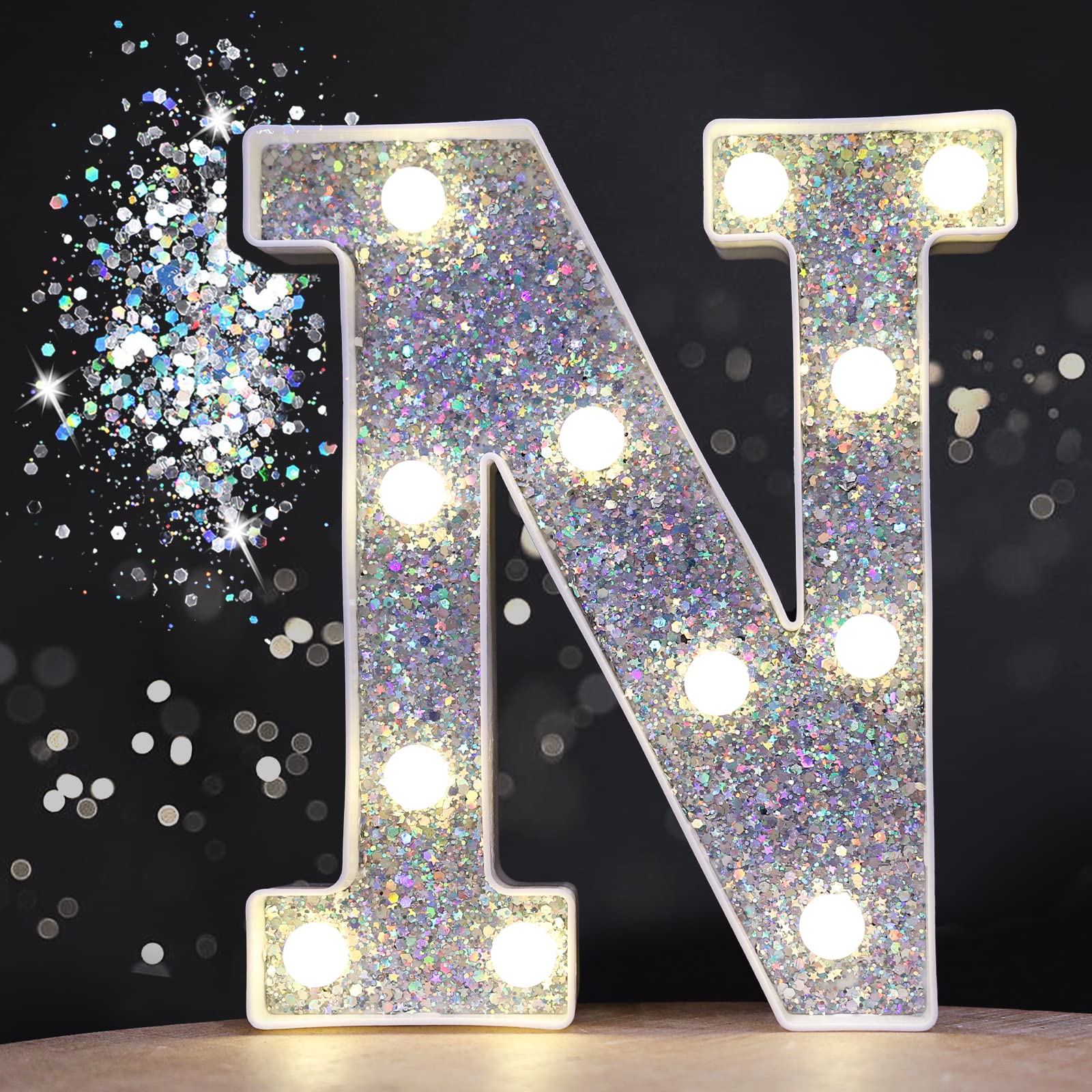 Pooqla LED Marquee Letter Lights, Silver Glitter N, Battery Powered Plastic Night Light for Parties and Home Decor