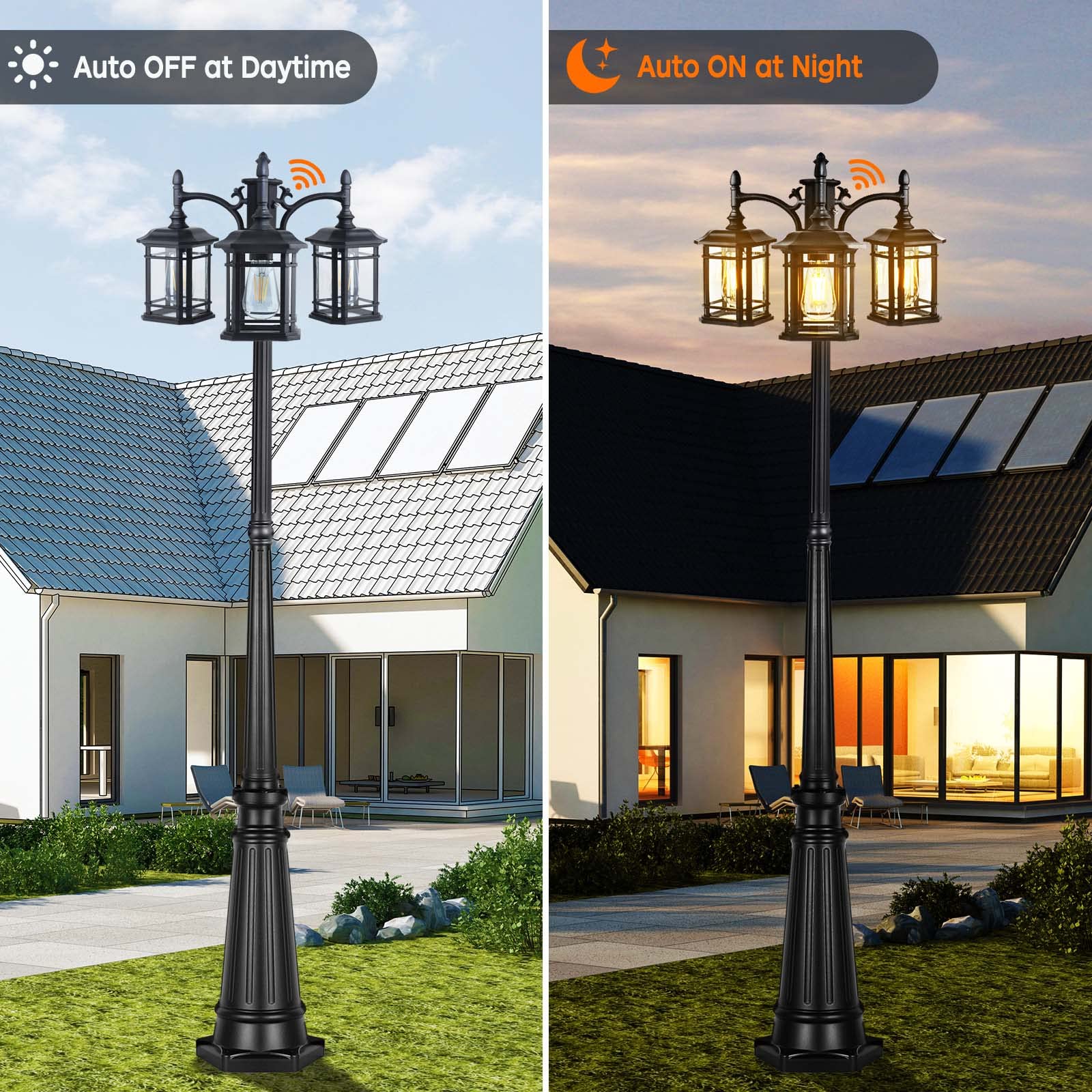 Partphoner Dusk To Dawn Outdoor Lamp Post Lights, Black Light Pole With Clear Glass Panels (3 Led Bulbs Included), 3-Head Hardwi
