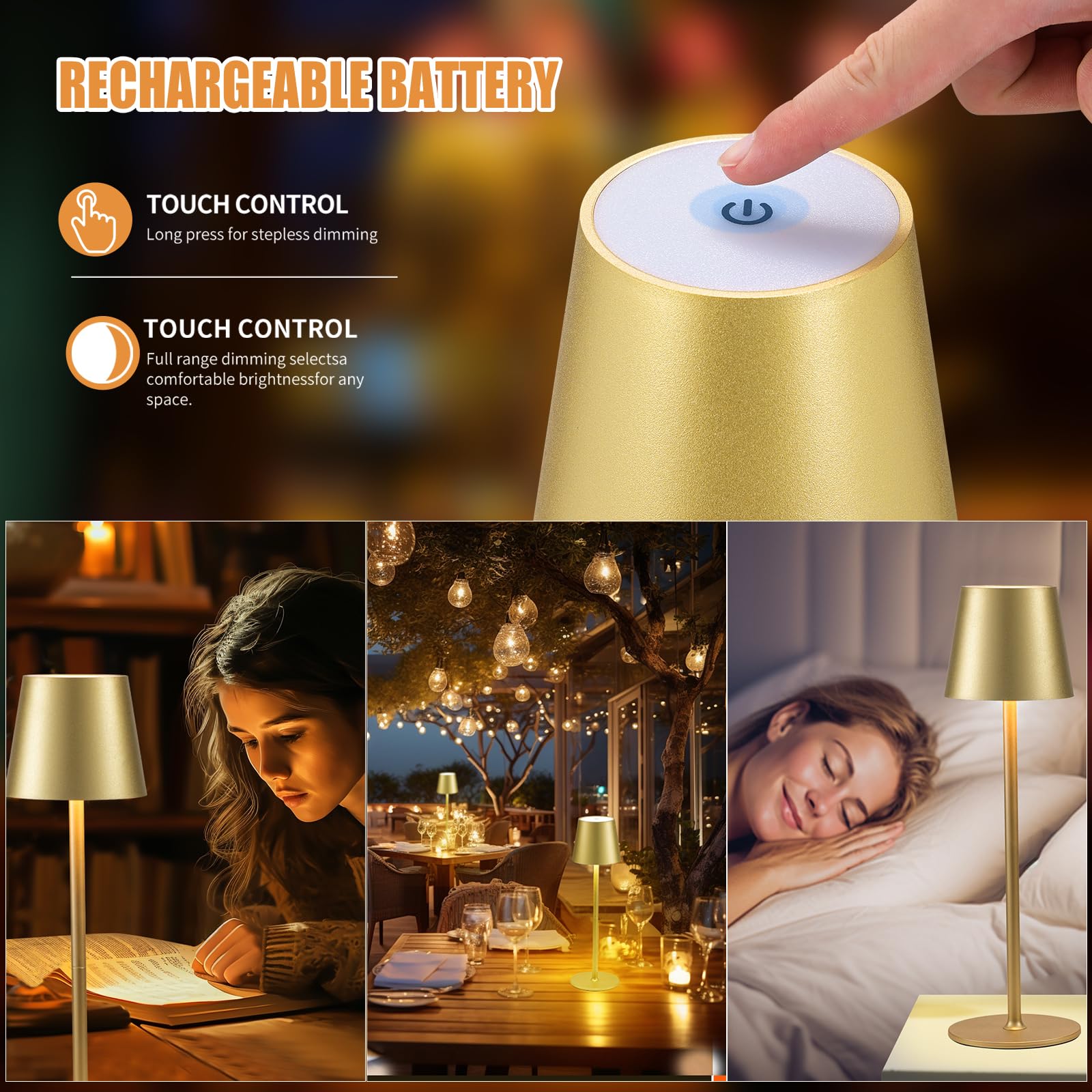 BGFHome Cordless LED Desk Lamp - 5000mAh Rechargeable Touch Light, 2 Pack, Gold, Minimalist Design for Home & Outdoor Use