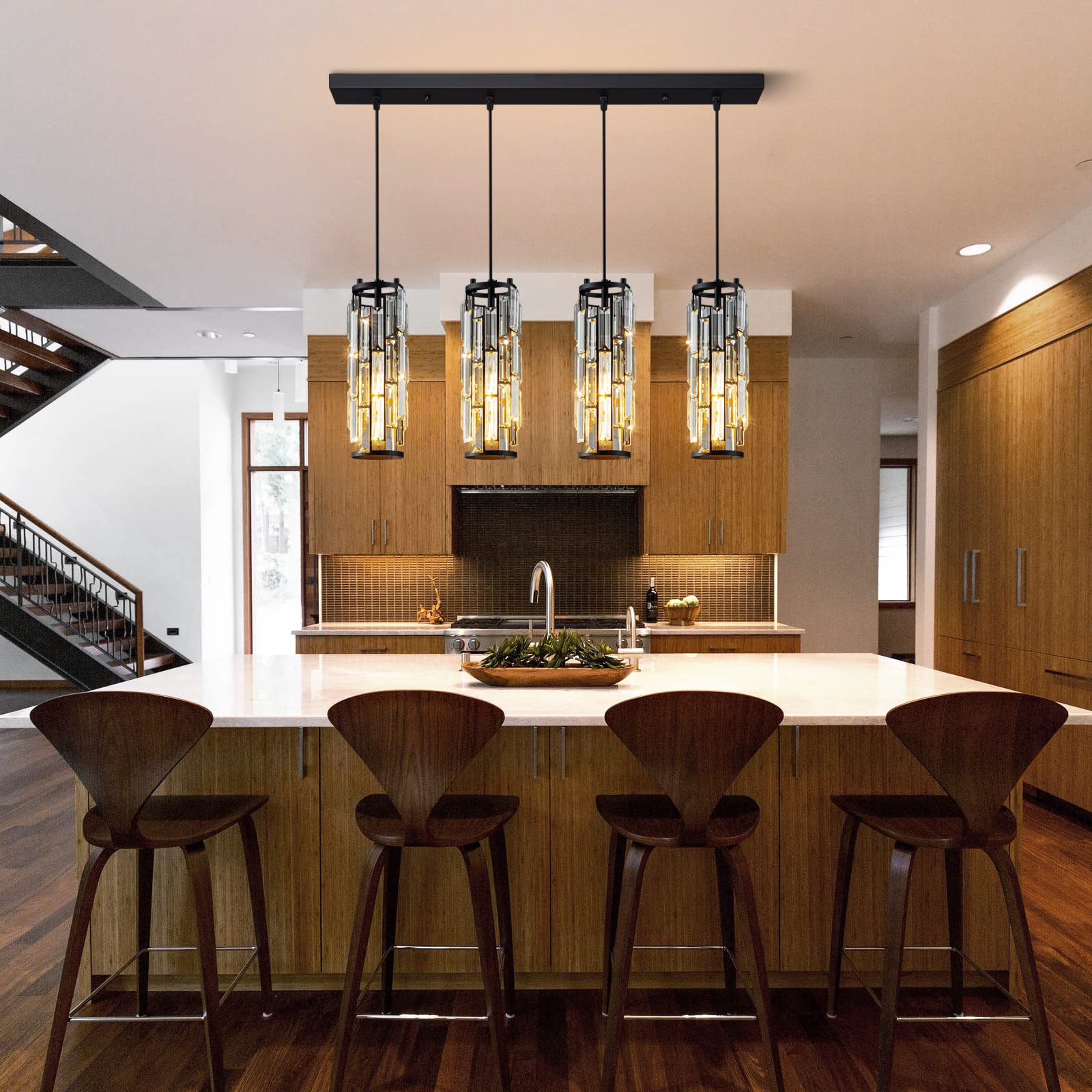 Lmqnine 4-Light Black Pendant Lighting, Modern Mini Crystal Chandelier For Kitchen & Dining Room