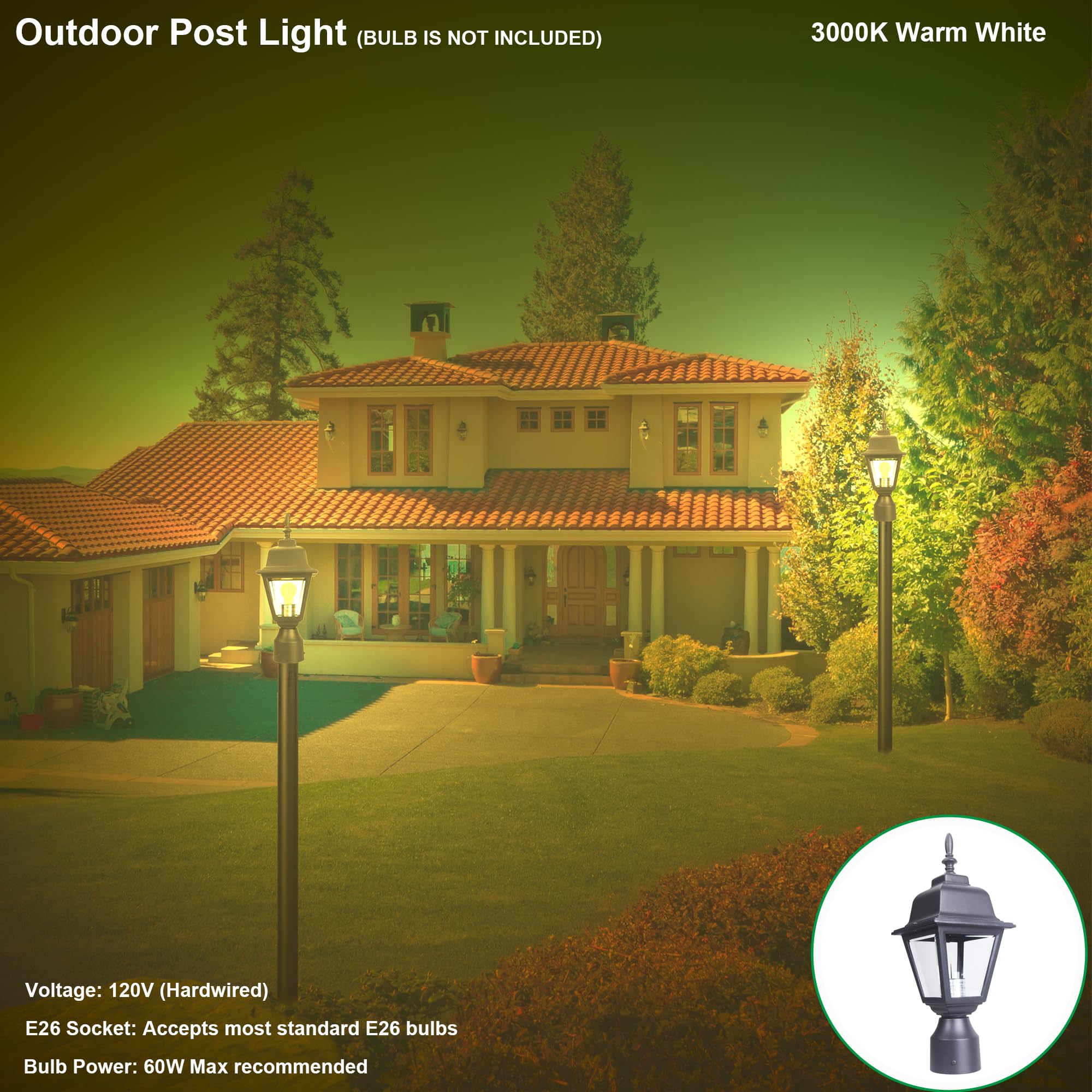 Lit-Path Outdoor Post Lantern, Aluminum, E26 Max 60W, Matte Black, 1-Pack, Model Lt-Pl003
