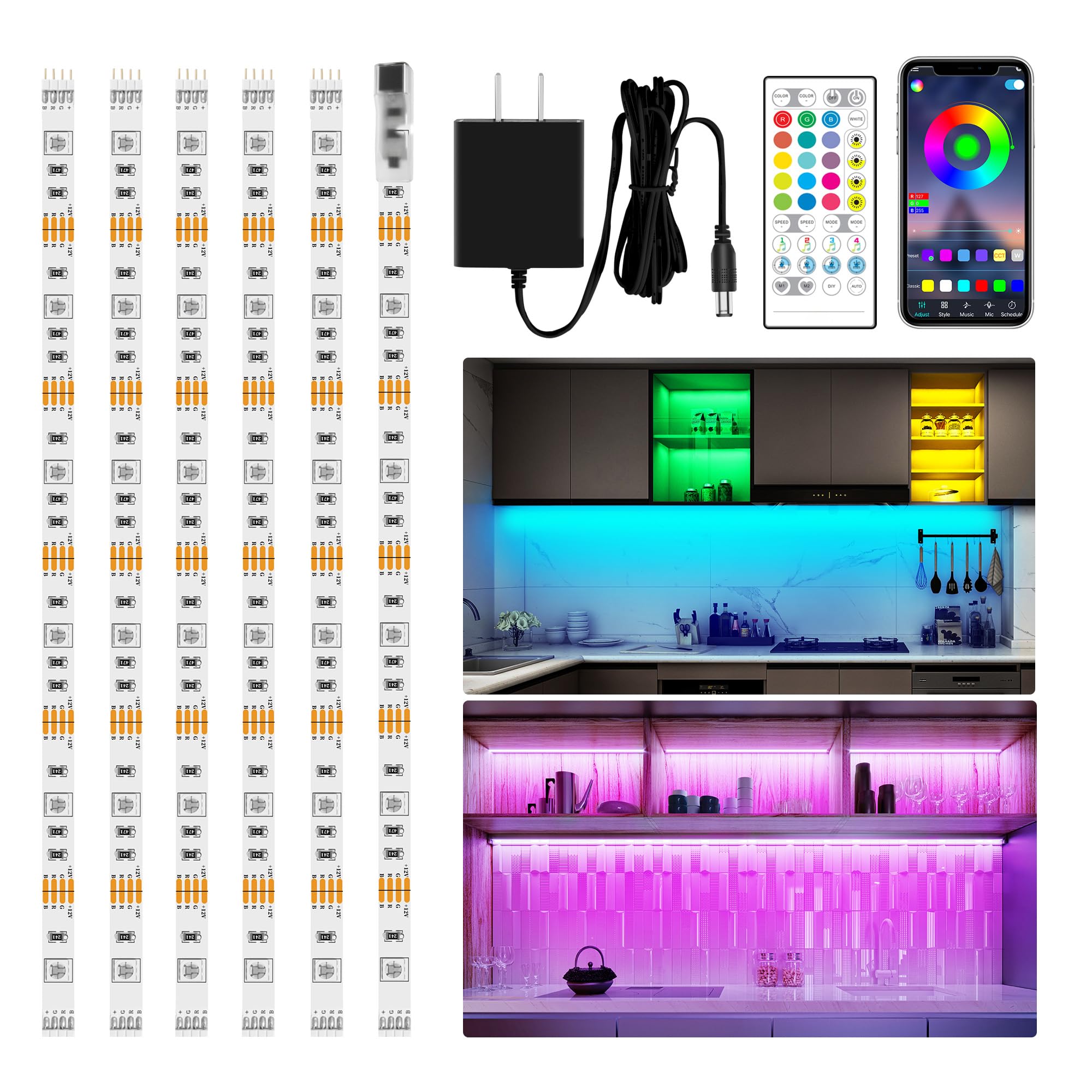 maylit 6 PCS RGB Under Cabinet Lighting Kit, App and Remote Control Led Strip Lights, Music Sync Color Changing Led Lights with 
