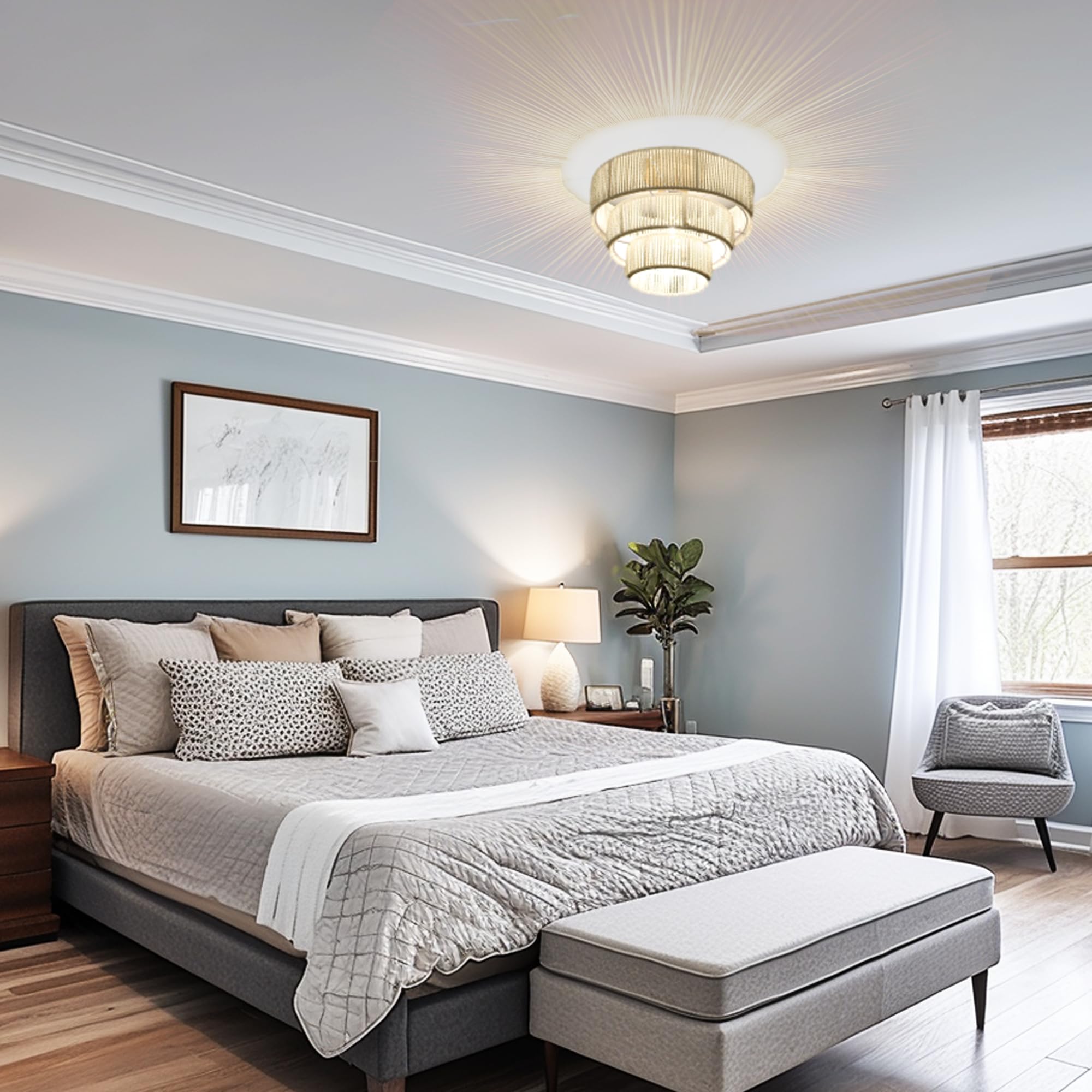 LigeroLuz Rattan Ceiling Light Fixture, Boho Design, LED Variable Bulb, 12.4in-Style B, White, Model CL-02