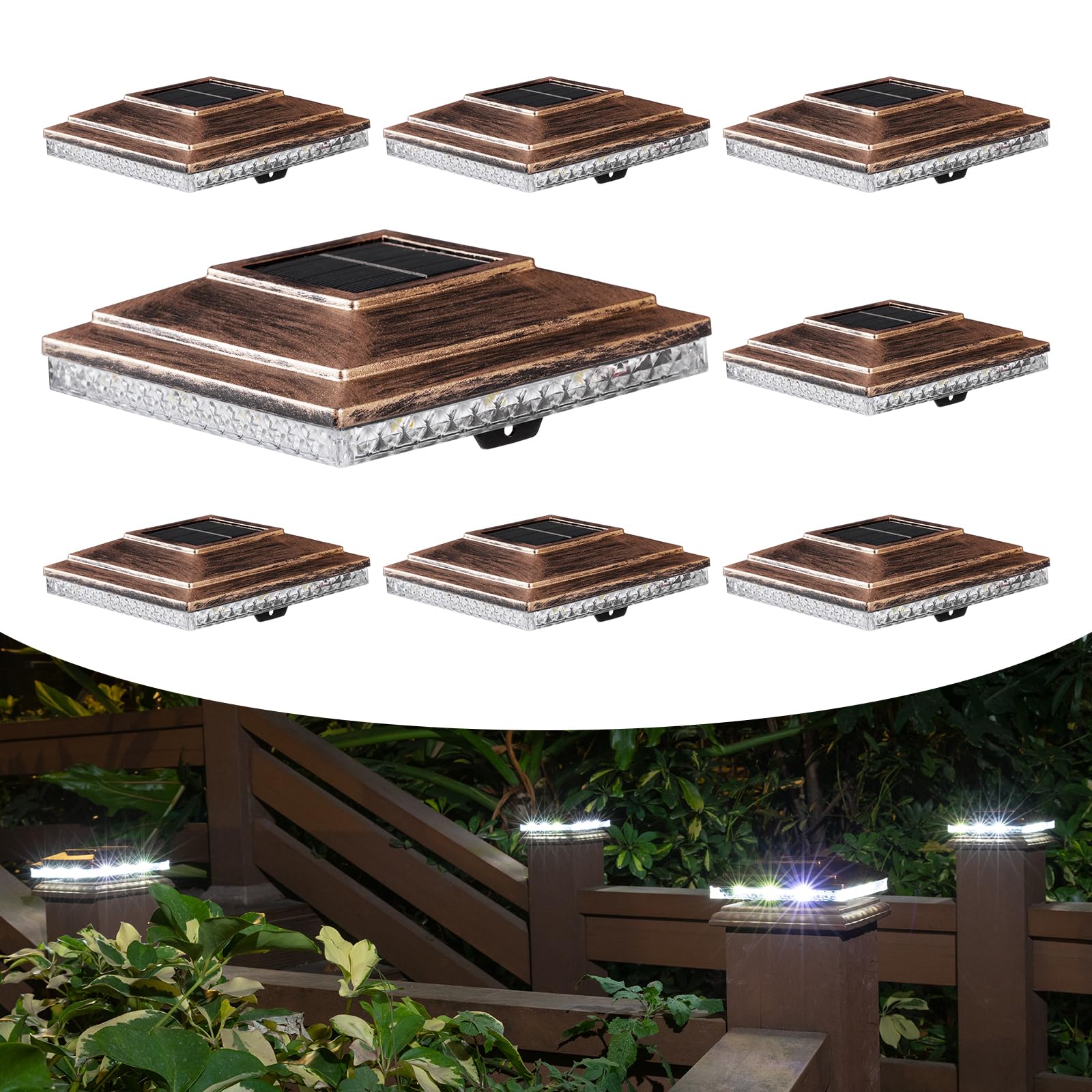 HUYIENO Solar Post Cap Lights, 20 Lumens, Warm White/Bright White, 8pk, Brushed Copper, Suitable for 4x4/5x5 Wooden & Vinyl