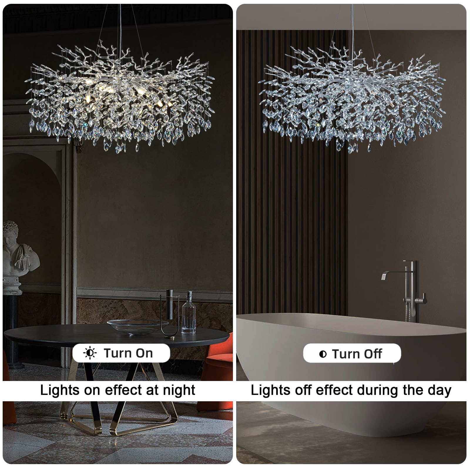 kvtinmty Modern Crystal Chandelier - 40" Round Silver Tree Branch Design, Dining Room Light Fixture, Model 2023102612