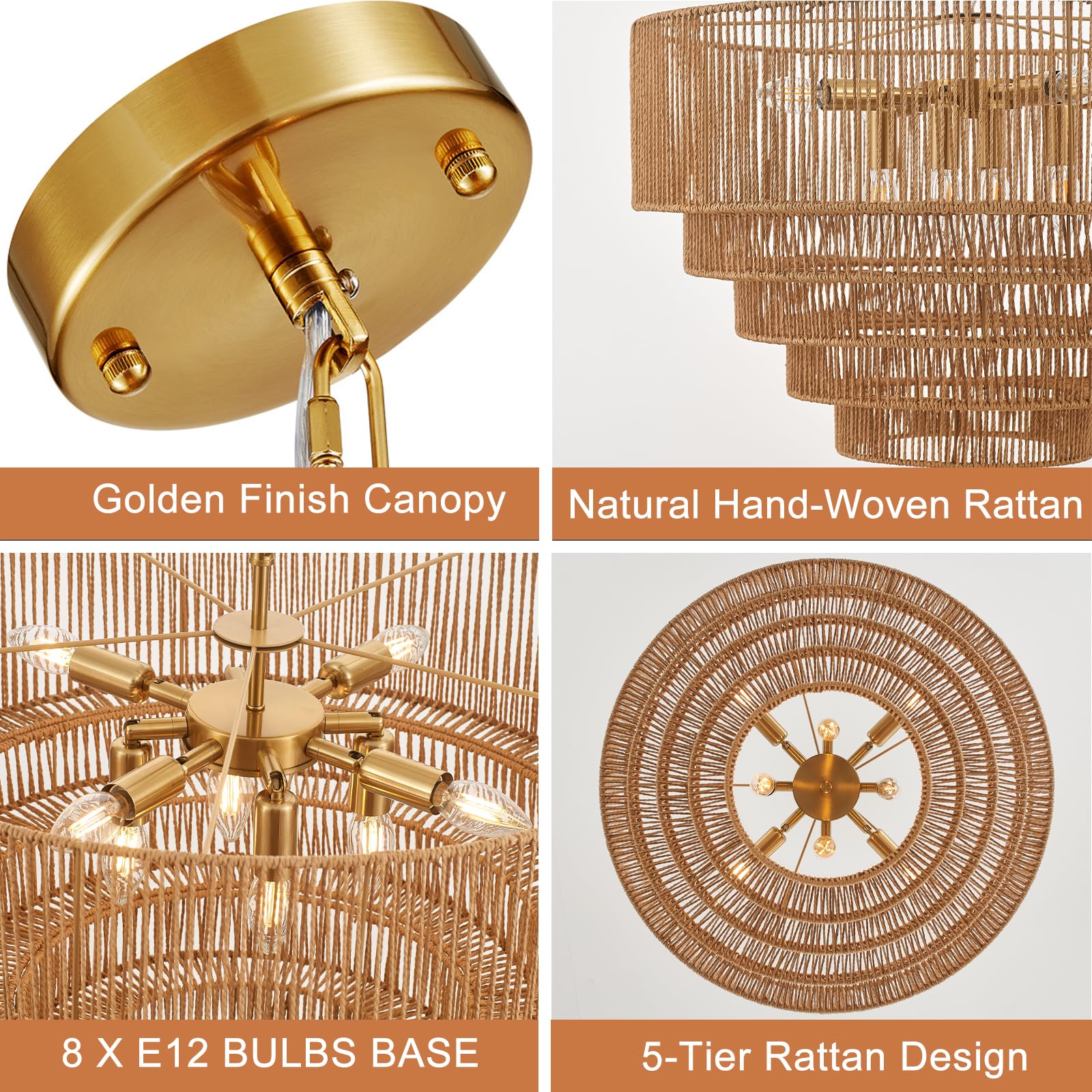 YOMECOO Rattan Chandelier 25.6" Vintage 8-Lights Farmhouse Light Fixture, Gold, Model MD208-8-Golden for Dining Room, Kitchen, Bedroom