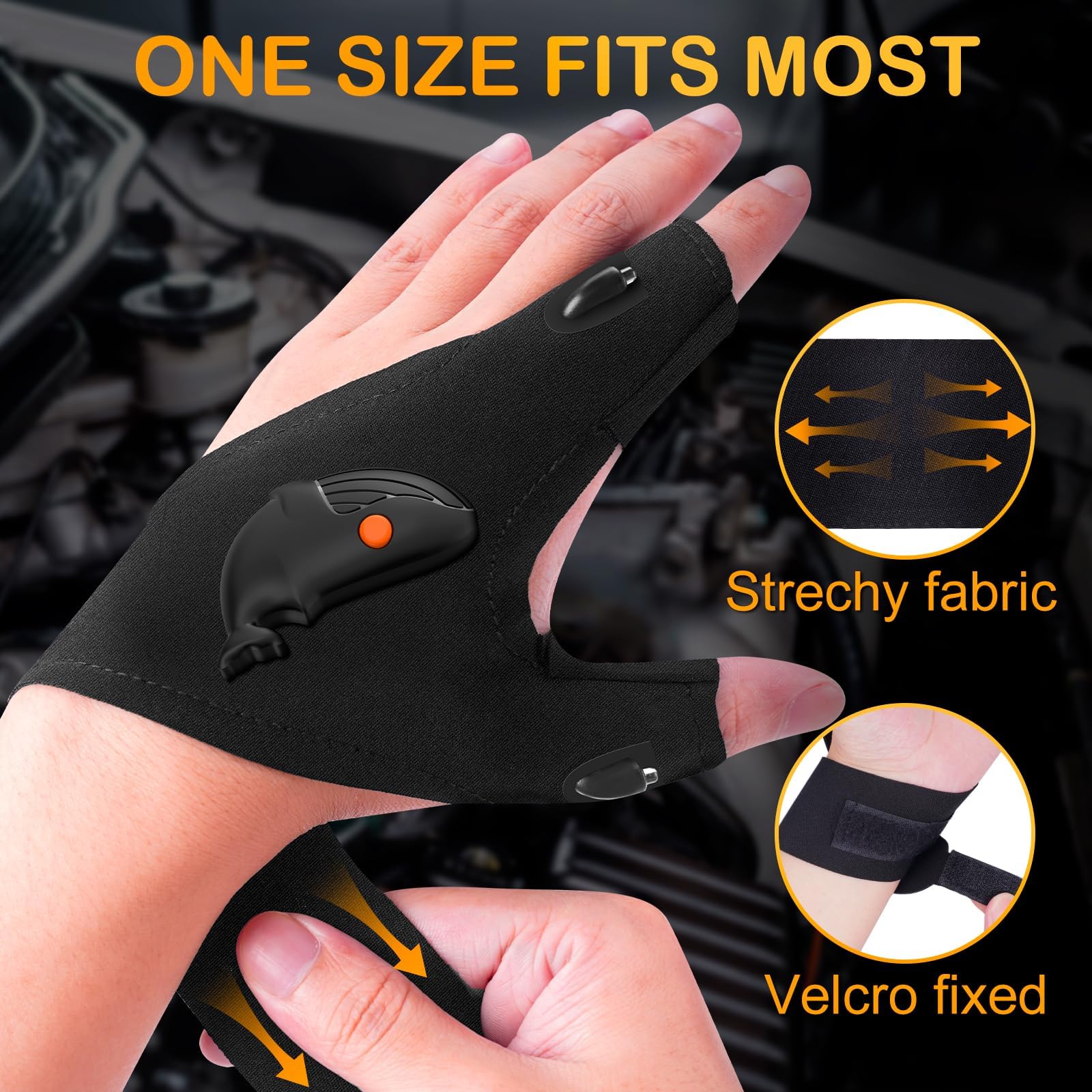 PARIGO LED Flashlight Gloves, Black and Orange, Spandex, Model DCH-VN01, Perfect for Fishing, Camping, and Car Repairs, Great Gift for Men