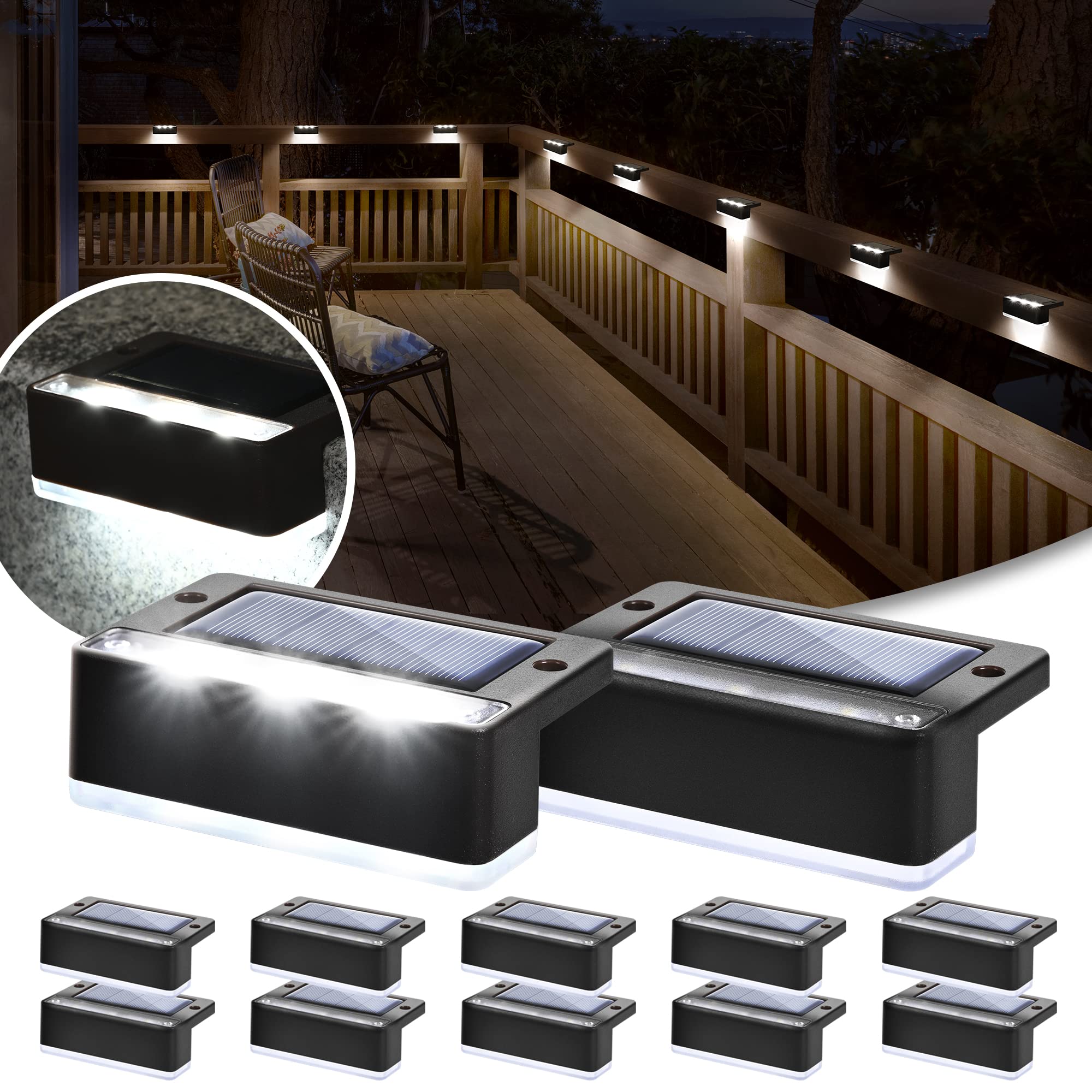 SOLPEX Solar Fence Lights, 6 LEDs Waterproof, Cold White, 12 Pack, Black, Model 8540, for Deck, Garden, Yard, Patio Decor