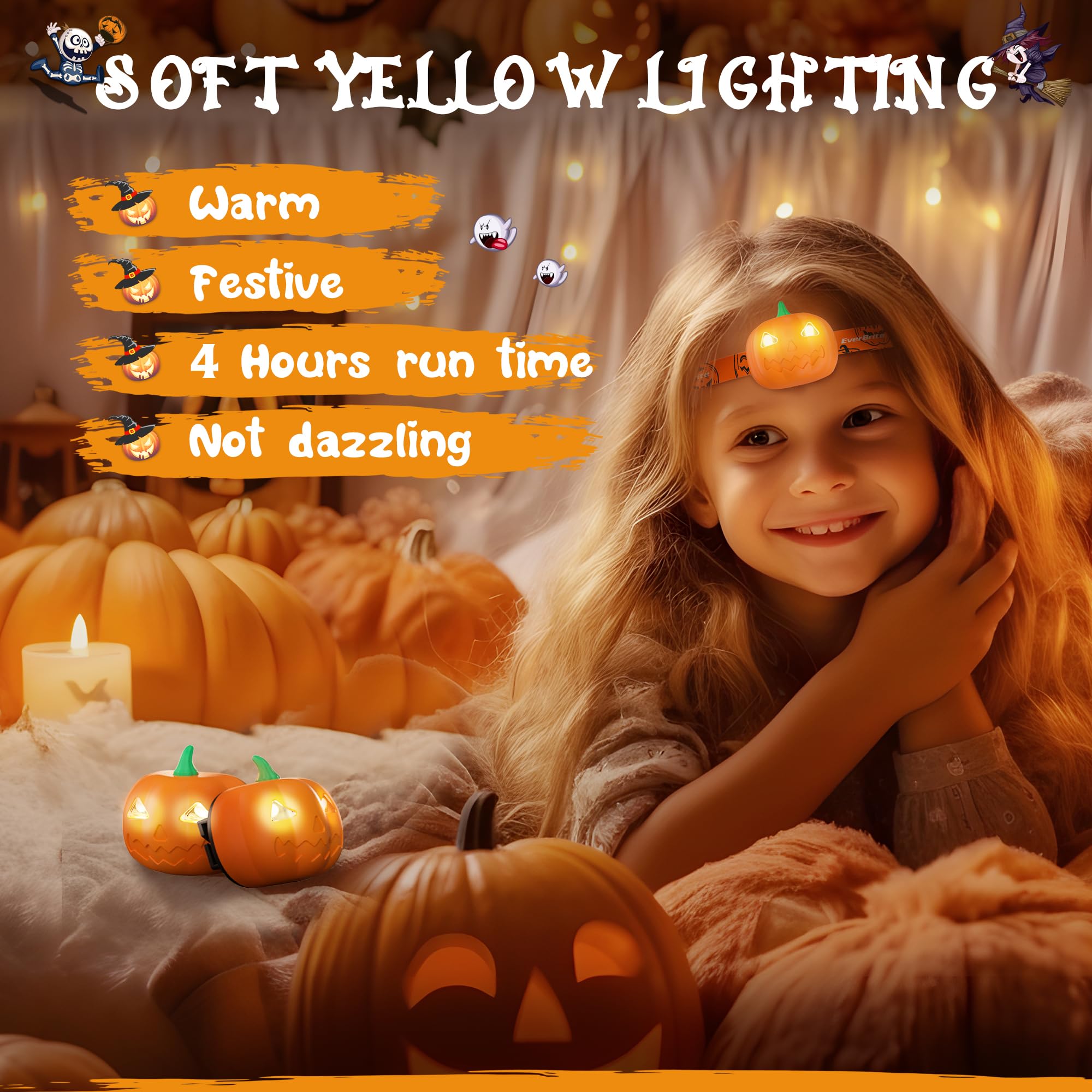 Everbrite Halloween Pumpkin Headlamp 5 Pack  2 Modes Led Head Lamp Adjustable Headband  Pumpkin Lights Party Favors  Orange Spot & Strobe Lights Halloween Gifts