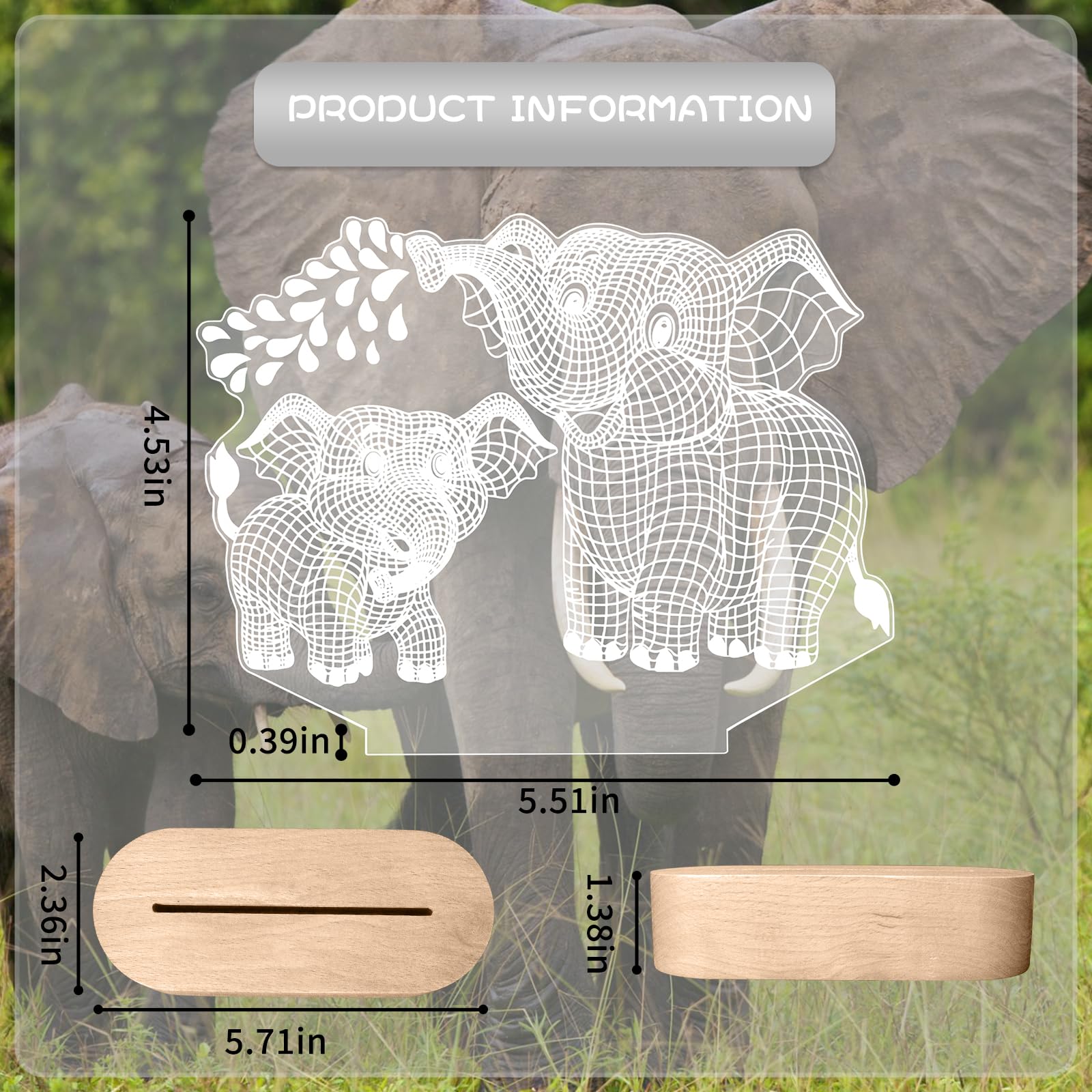 Hpydiy Elephant Shape 3D Crystal Acrylic Light Base With Wood Stand  Led Light For Kids Room Decor  Gift For Mom On Birthday Or Holiday  Home D?Cor Art Display