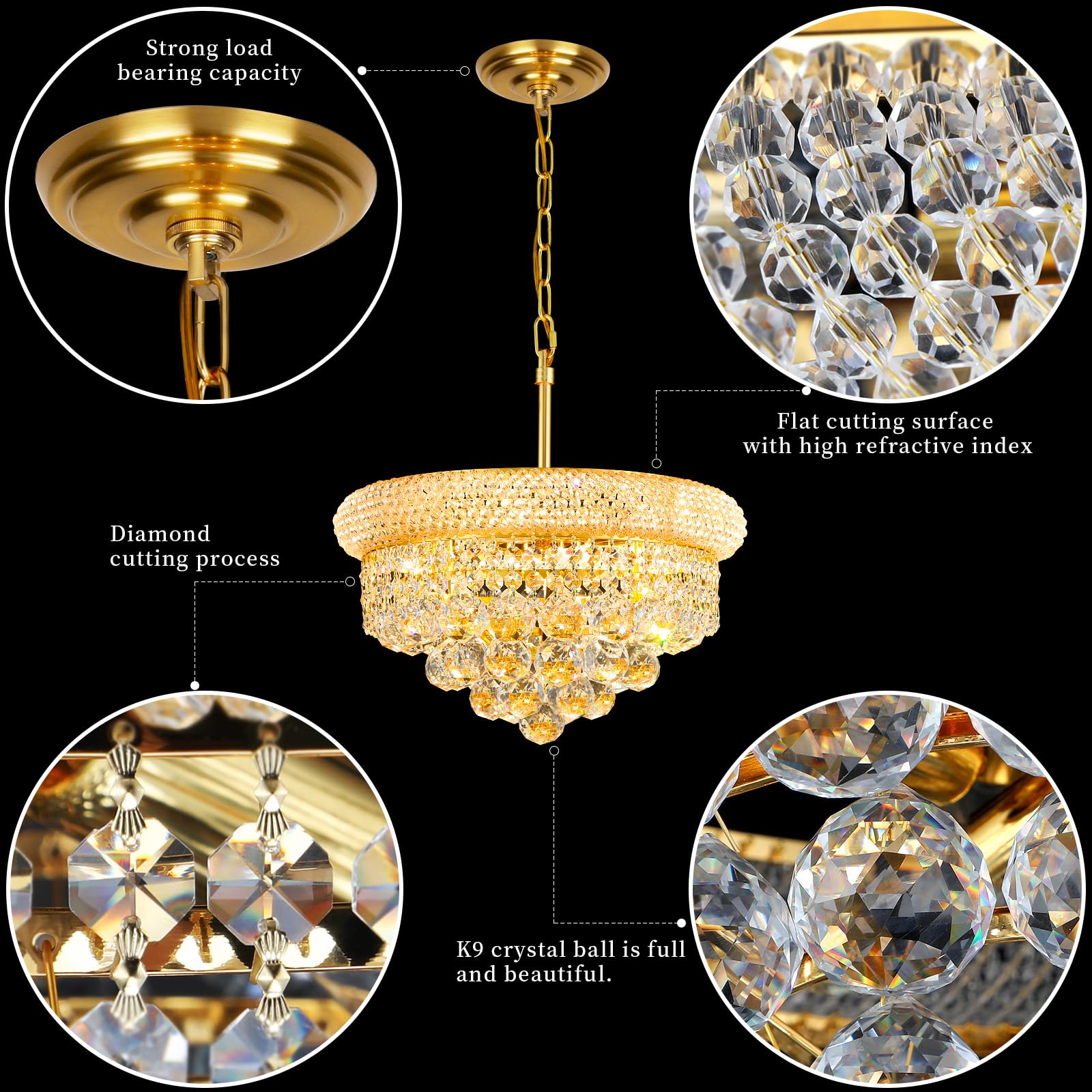 Gifarich Crystal Chandelier - Gold 4-Light Dining Room Light Fixture, D15'', Model 8846-4, Empire Style for Kitchen and Entryway