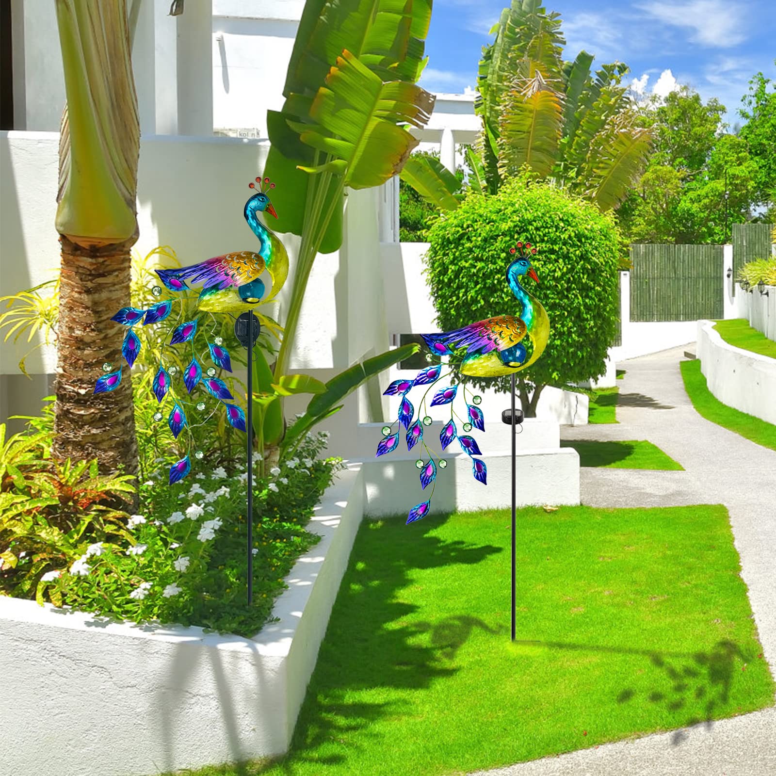 Dreamsoul Solar Garden Lights Outdoor, Metal Peacock Decor Solar Lights Garden Stakes With Led String Lights, Waterproof Crackle