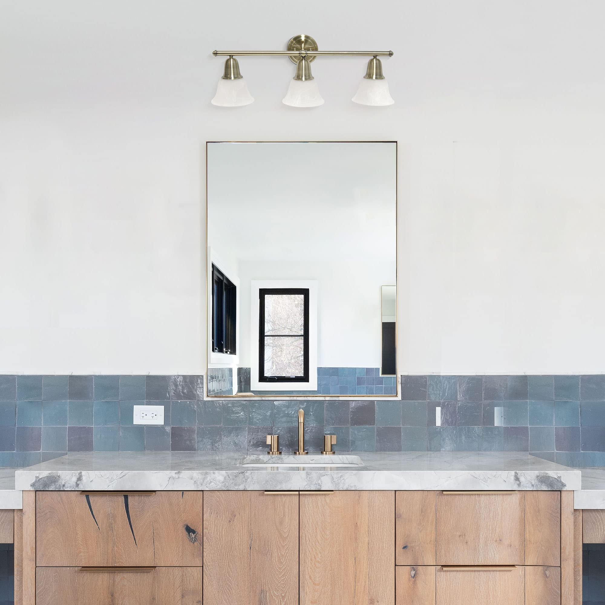 Simple Designs VT1027-ABS 26.5in 3 Light Metal Bar Vanity Fixture, Frosted Marble Glass Shades, Antique Brass