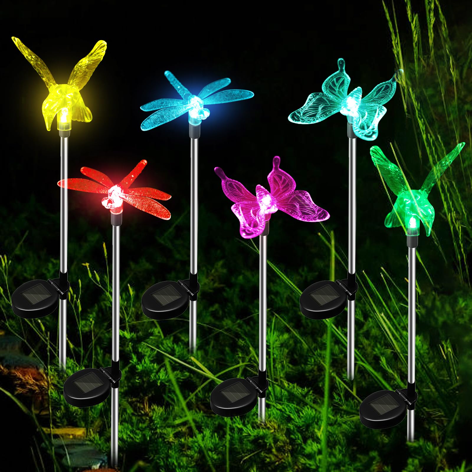 Anordsem Solar Lights Outdoor Decorations: Garden Stake Light Waterproof for Yard Decorative Outside - Dragonfly Hummingbird Butterfly LED Lamp Patio Path Decor 6 Pack
