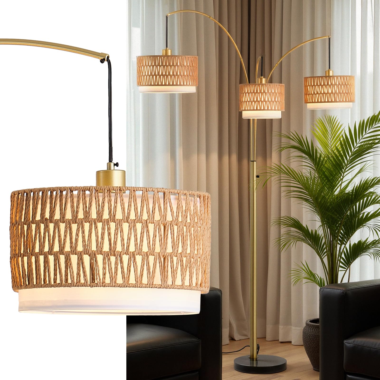GHCKER Gold Rattan Floor Lamp for Living Room, 80 Inch Tall Boho Floor Lamp with Rotary Switch, 3 Lights Arc Lamp with Wicker Sh