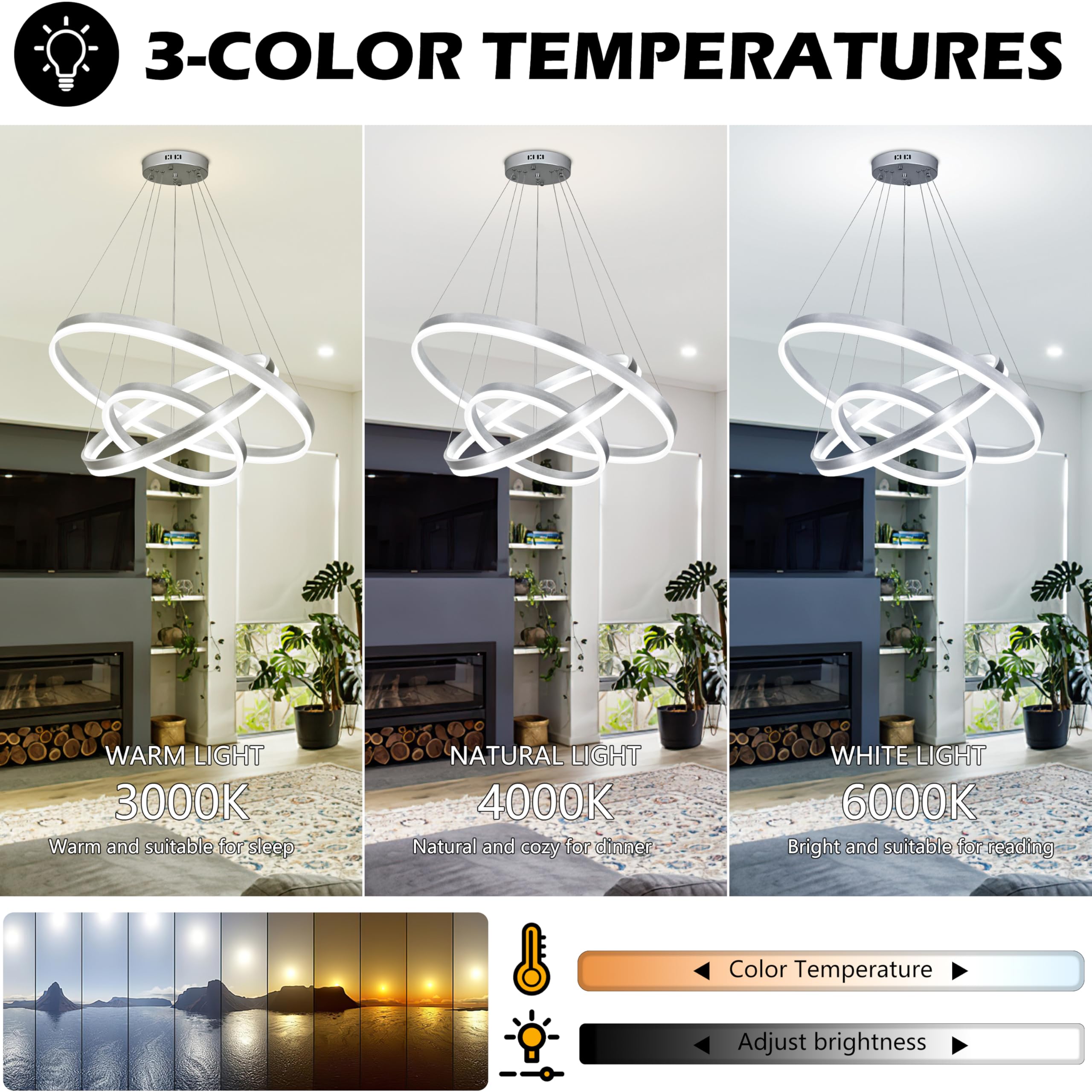 Mccokaige 31.5" Nickel Modern LED Chandelier - Dimmable, Adjustable Height, 3 Ring Design, Silver, Model YK-468-L