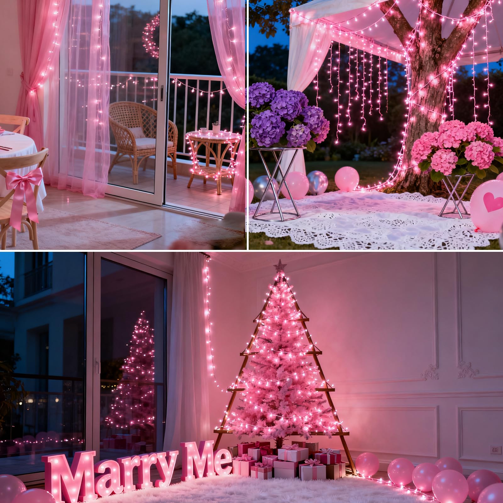 Vtechology 66Ft 200Led Pink Christmas Tree Lights Plug In 8 Modes Connectable Pink String Light Indoor Outdoor For Christmas Tree Bedroom Garden Decor (Clear Wire)