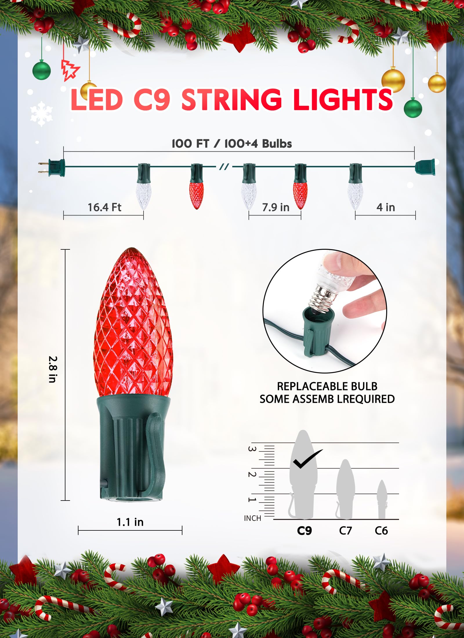 100 Feet Commercia Led Outdoor Christmas Lights, Waterproof C9 Christmas String Lights With 100 C9 Strawberry Bulbs Connectable