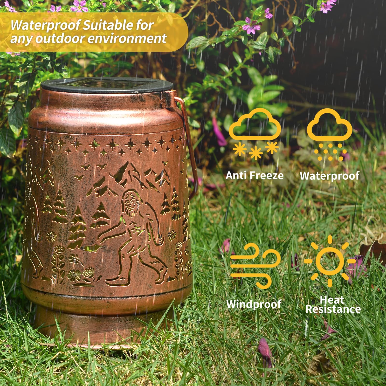 KIKUSUI Solar Bigfoot Lantern - Waterproof Metal LED Hanging Light for Yard, Patio, Garden - Warm White, Model DL16