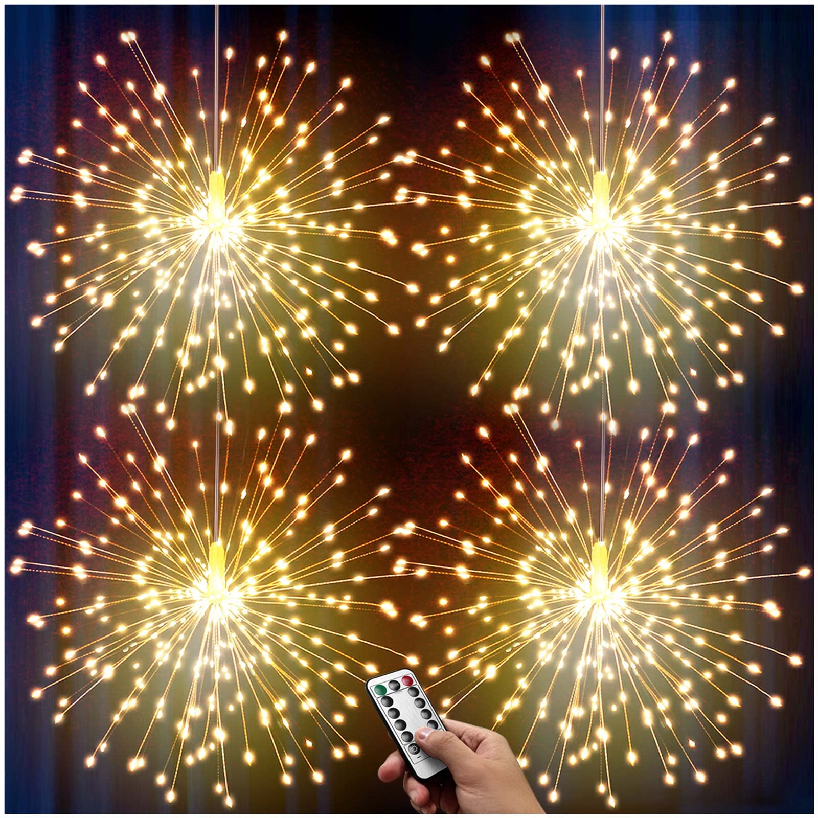 Denicmic Firework Lights 4 Pack Starburst Lights 120 Led 8 Mode Battery Operated Chandelier Star Lights With Remote, Hanging Christmas Decorations Indoor