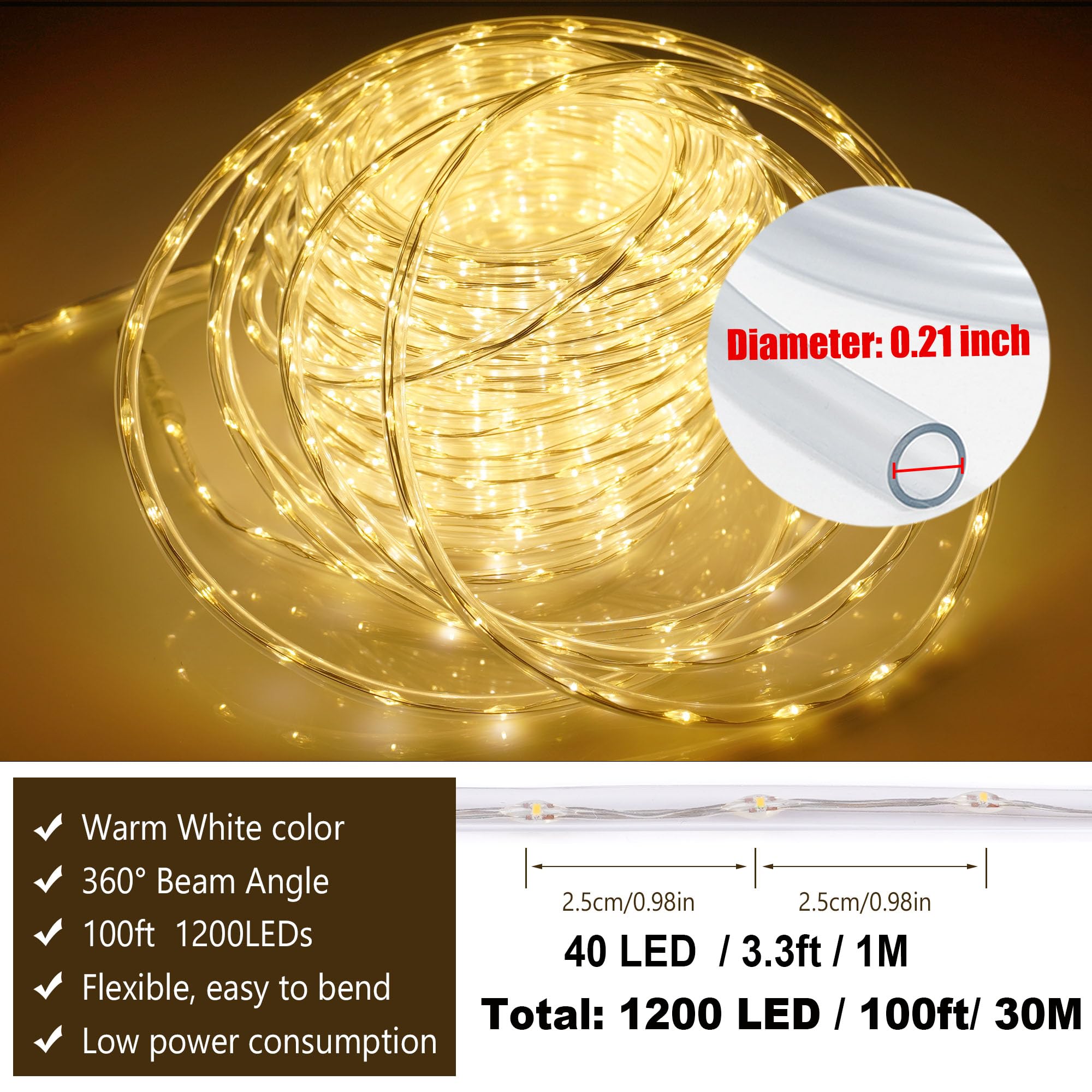 OMIKA 100ft LED Rope Lights, Warm White, 1200 LEDs, Plug-in, Waterproof Decorative Lighting for Outdoor and Indoor Use, Model DY-OA08-20