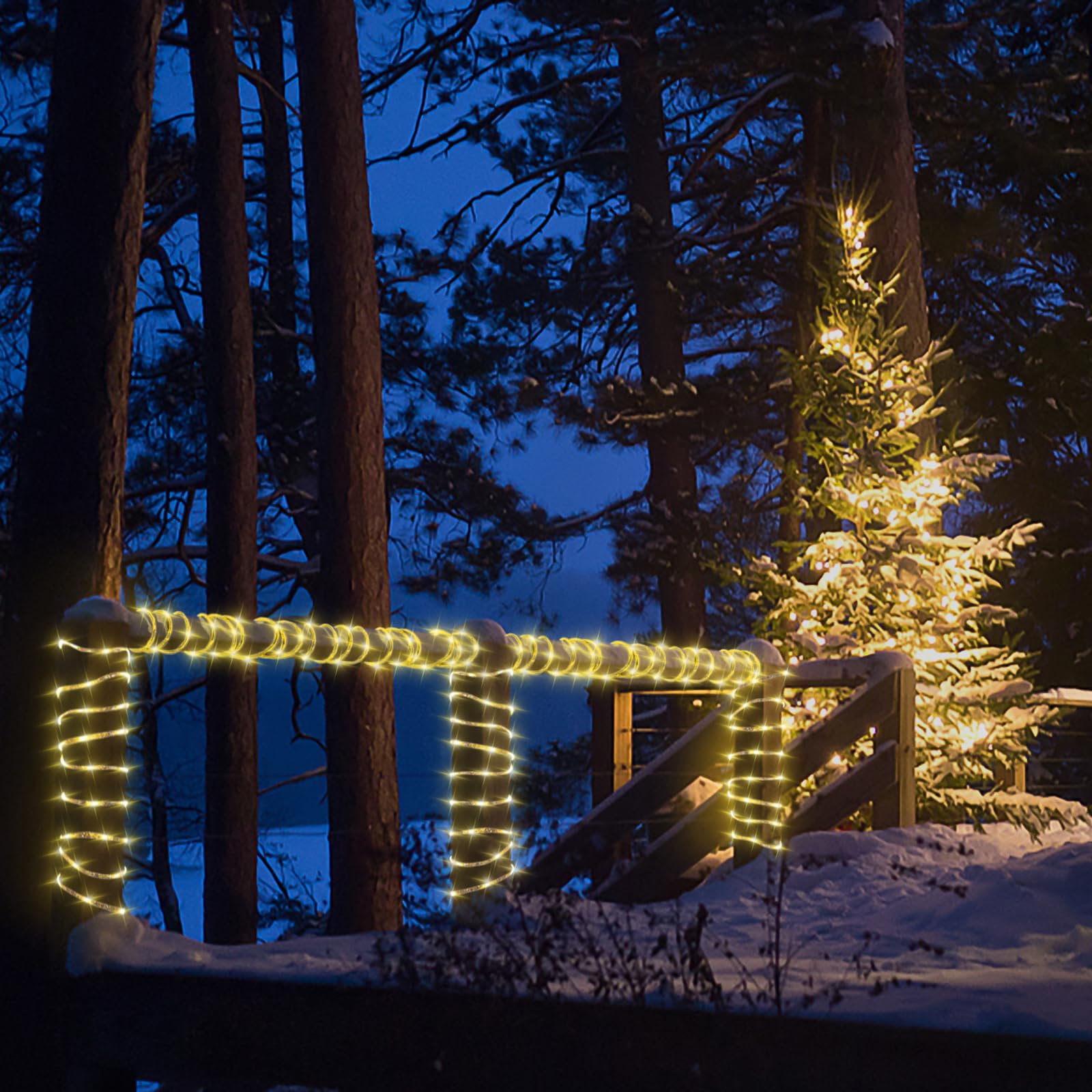 POTIVE Solar Rope Lights, 66Ft, 200 LED, Warm White, Waterproof, 8 Modes for Outdoor Decor