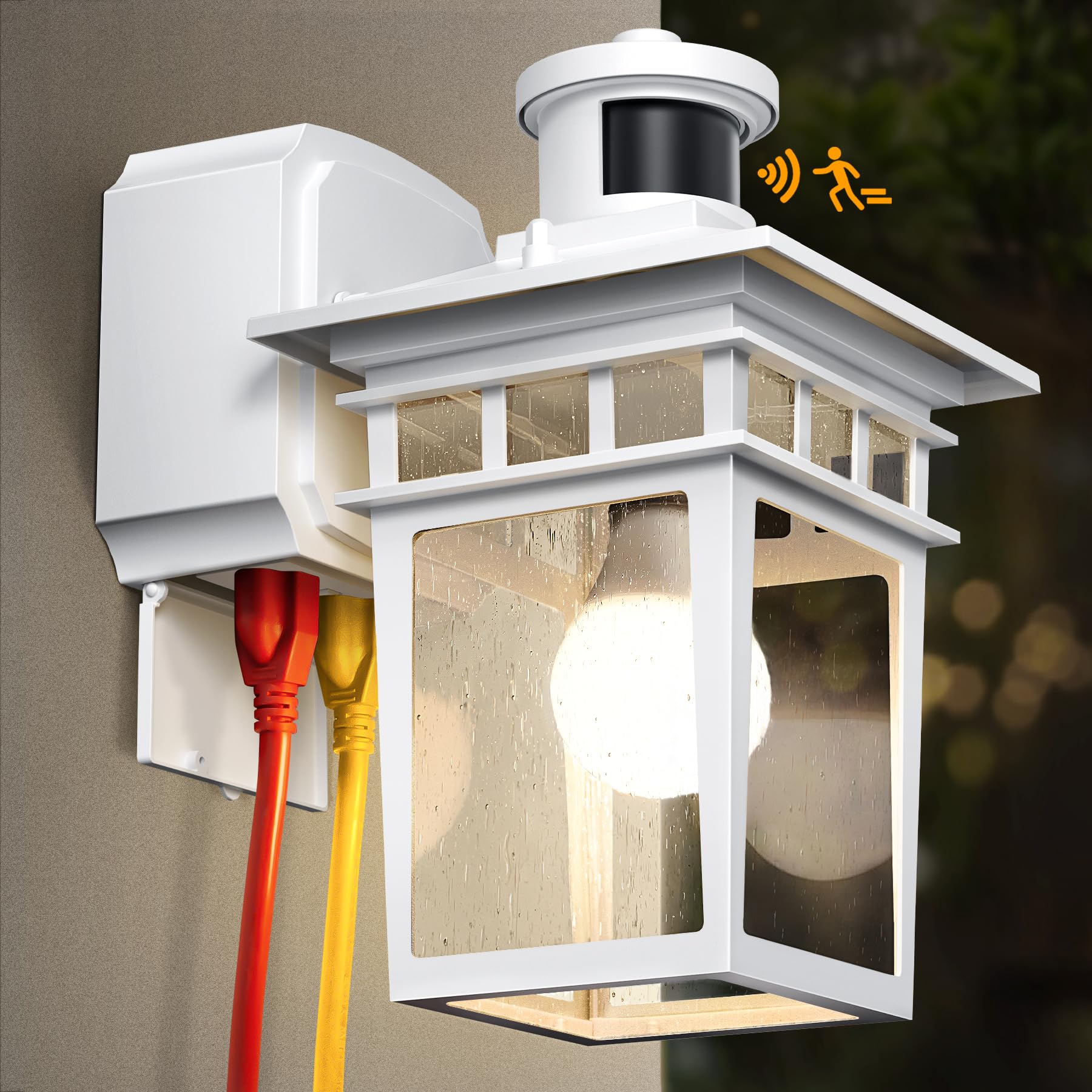 APOTO Porch Light with GFCI Outlet, White Dusk to Dawn Motion Sensor Outdoor Lights, 3-Mode Wall Exterior Lighting Fixture, Wate