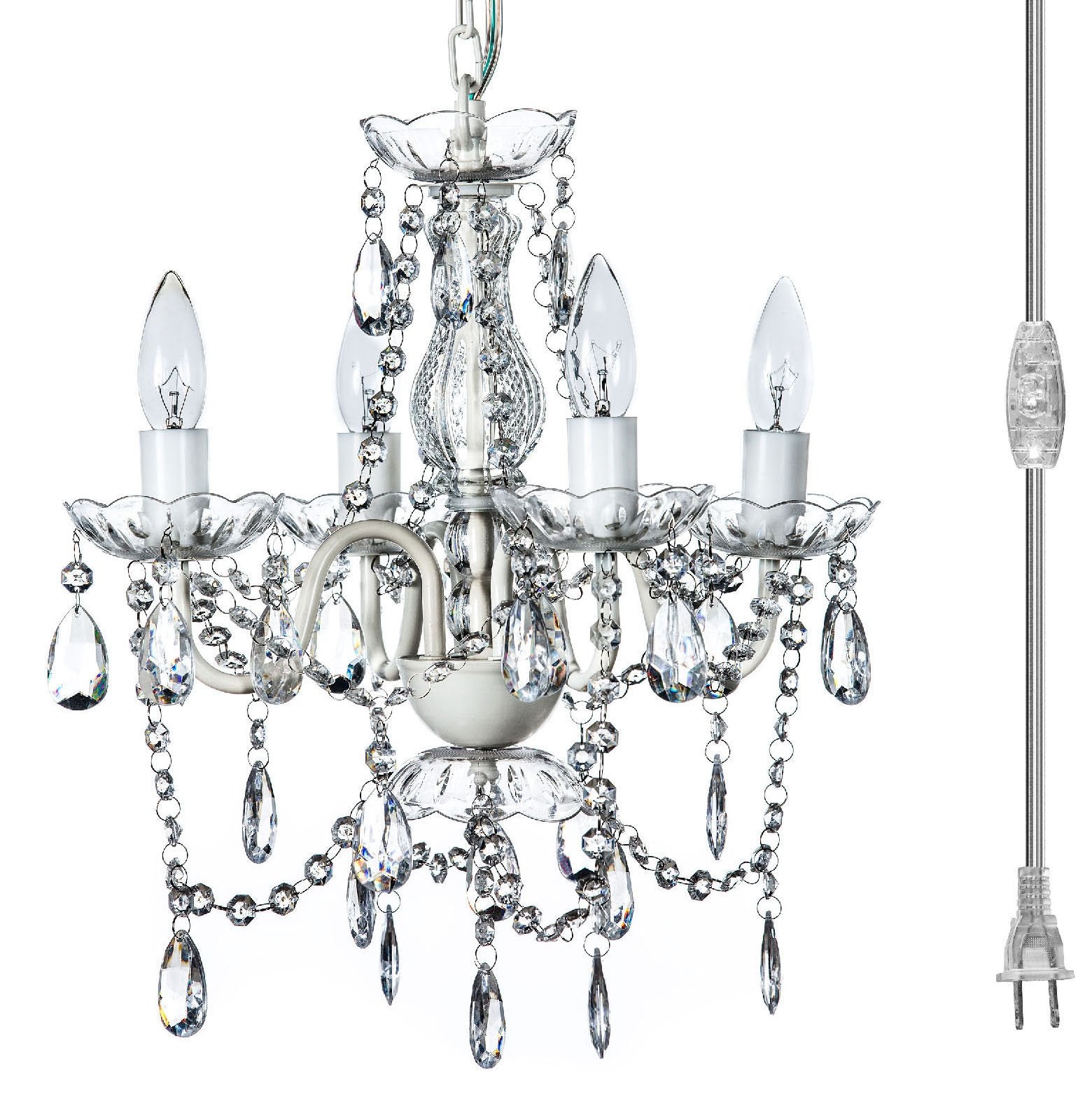 gypsy color The Original Brink House Plug-in 4 Light Crystal White Hanging Swag Chandelier H17.5 xW15   White Metal Frame with Clear Glass Stem and Acrylic Crystals