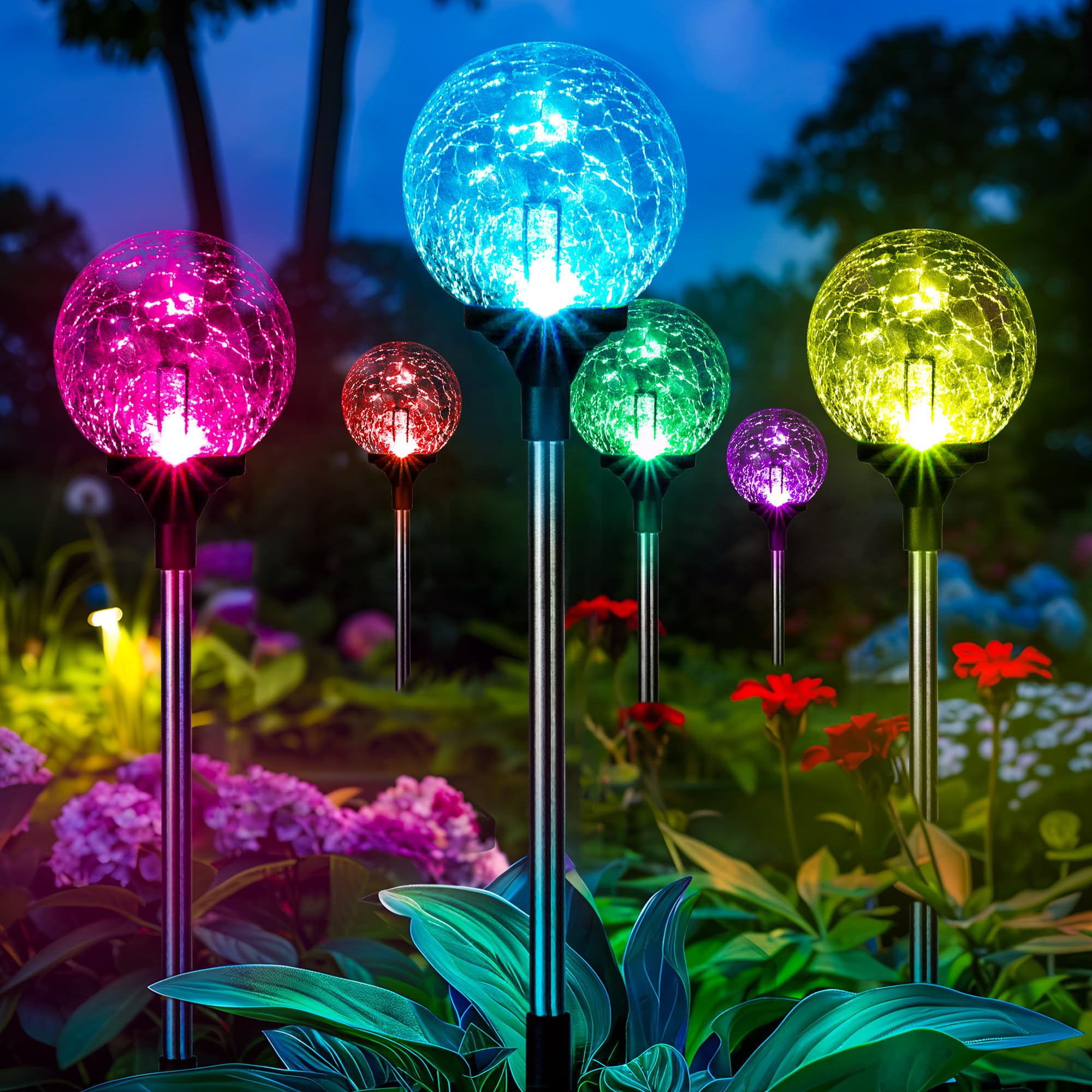GIGALUMI Solar Garden Lights 6 Pack, Multi-Colored Changing Globes, Waterproof  ed Glass, Outdoor Decor, Silver, Model CLWX-XIN6