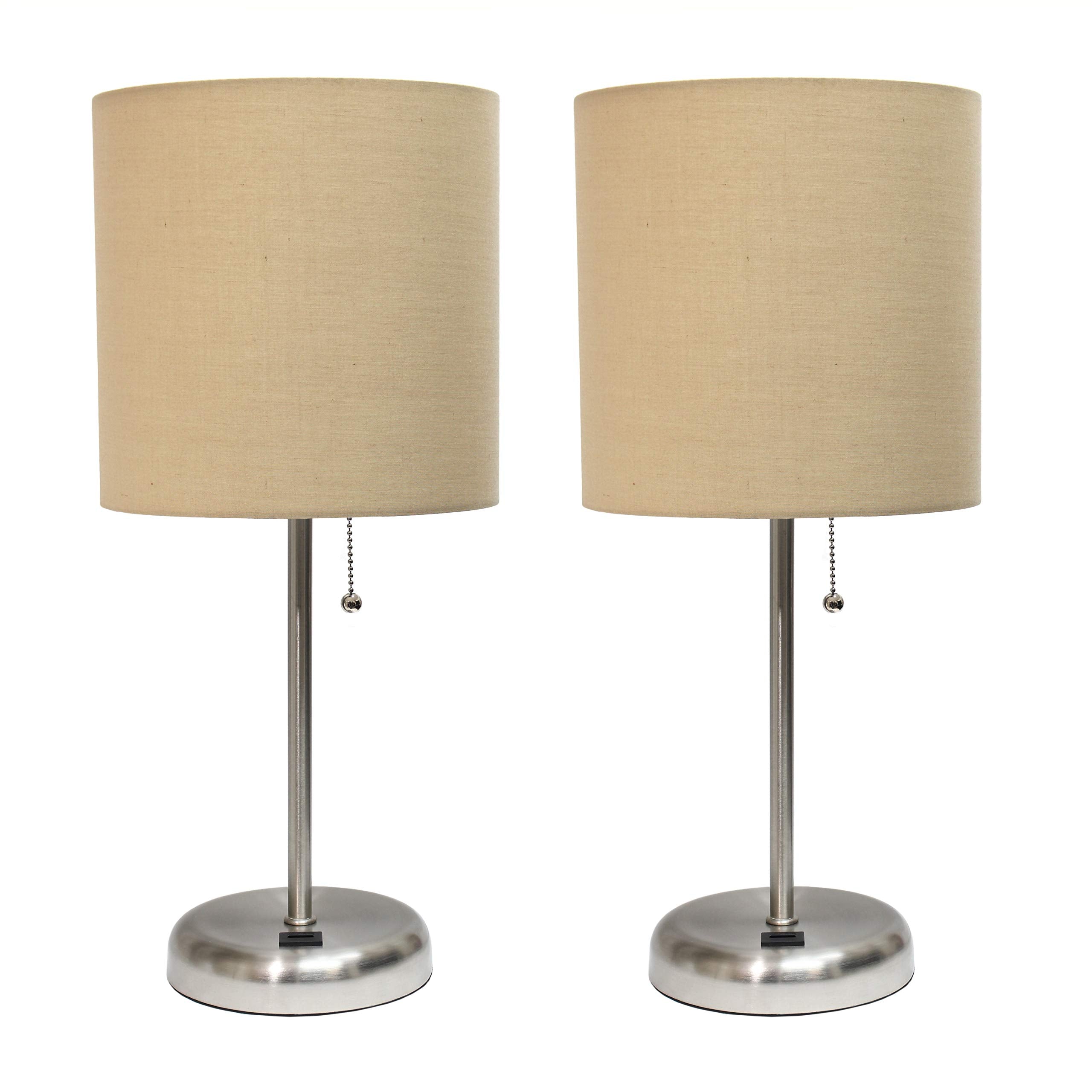 Simple Designs Lc2002-Tan-2Pk Brushed Steel Stick Table Lamp Set With Usb Charging Port And Tan Fabric Shades, 2 Pack Set