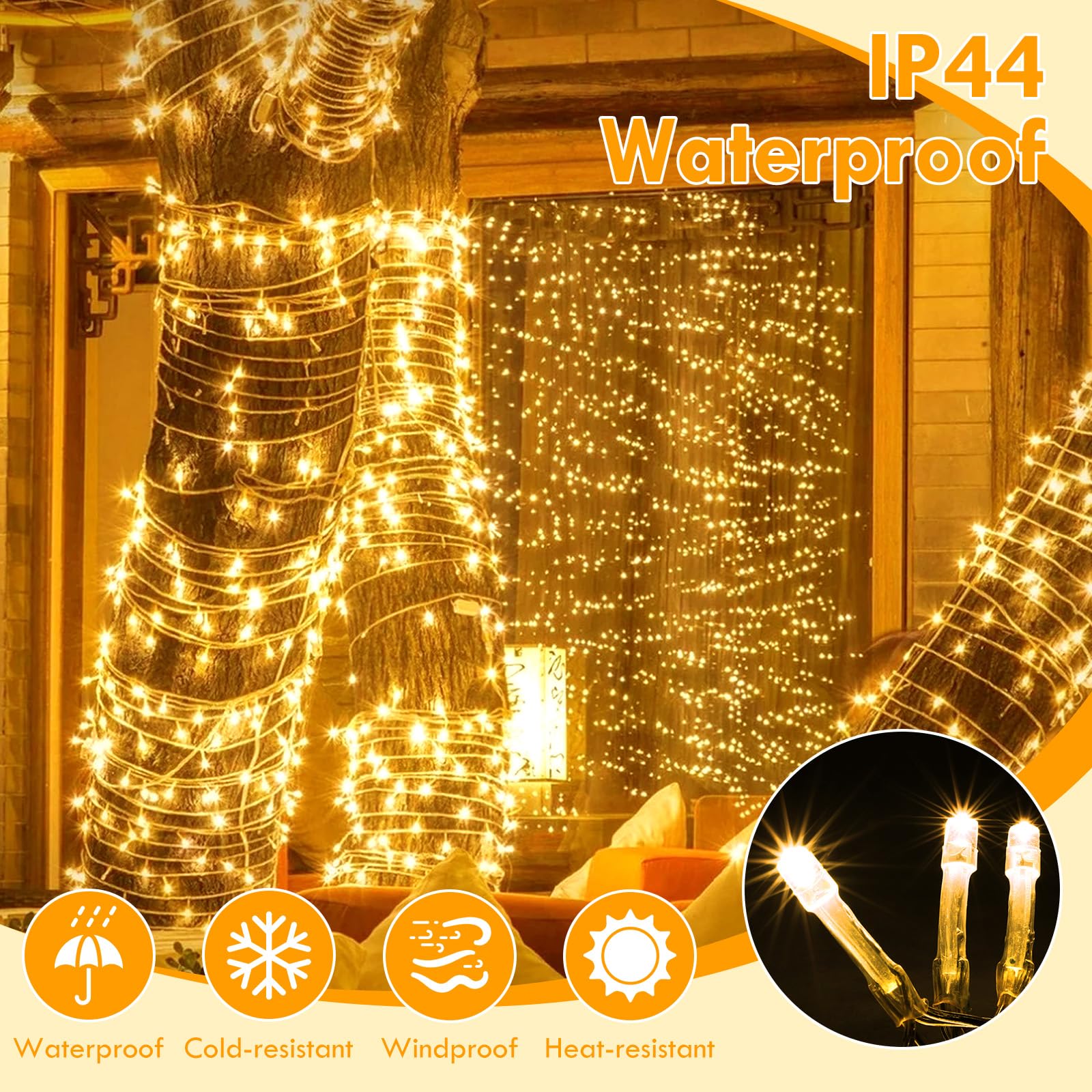 KAQ 180FT 500LED Warm White String Lights, Indoor Outdoor, Clear Wire, Model GP-SW290DC0209, with Timer and Memory for Decorations